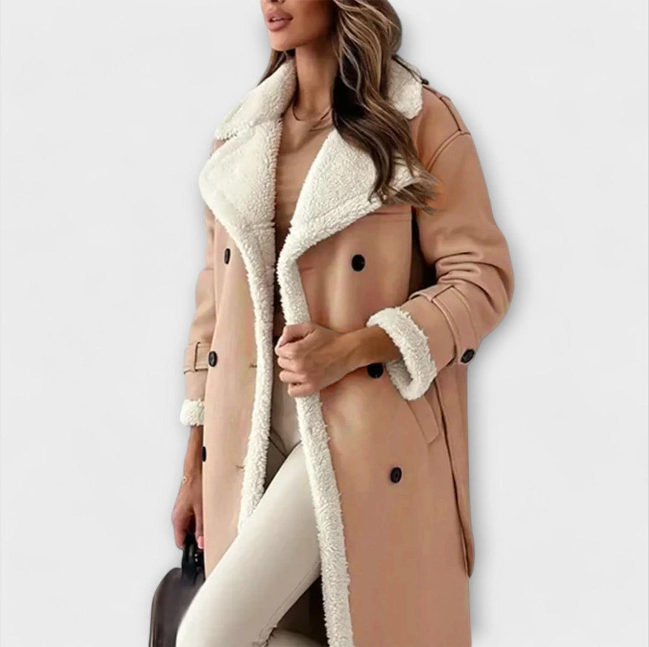 Women’s Faux Fur Coat, Long Sleeve, Adjustable Fit with Belt and Button Closure, Faux Fur and Leather, Fleece Lined