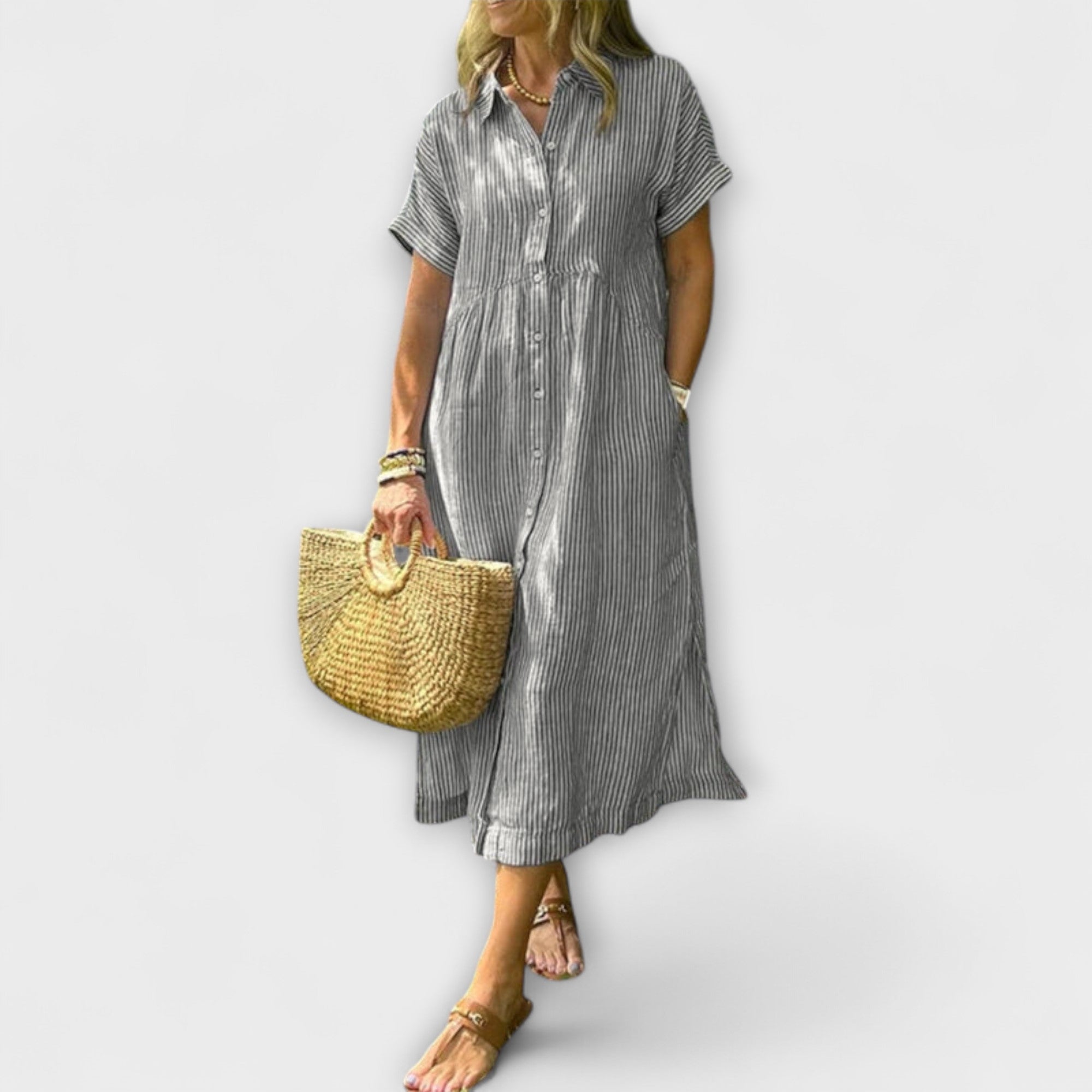 Women’s Midi Shirt Dress, A-Line Fit, Short Sleeves, Classic Collar, Button-Down Front, Side Pockets