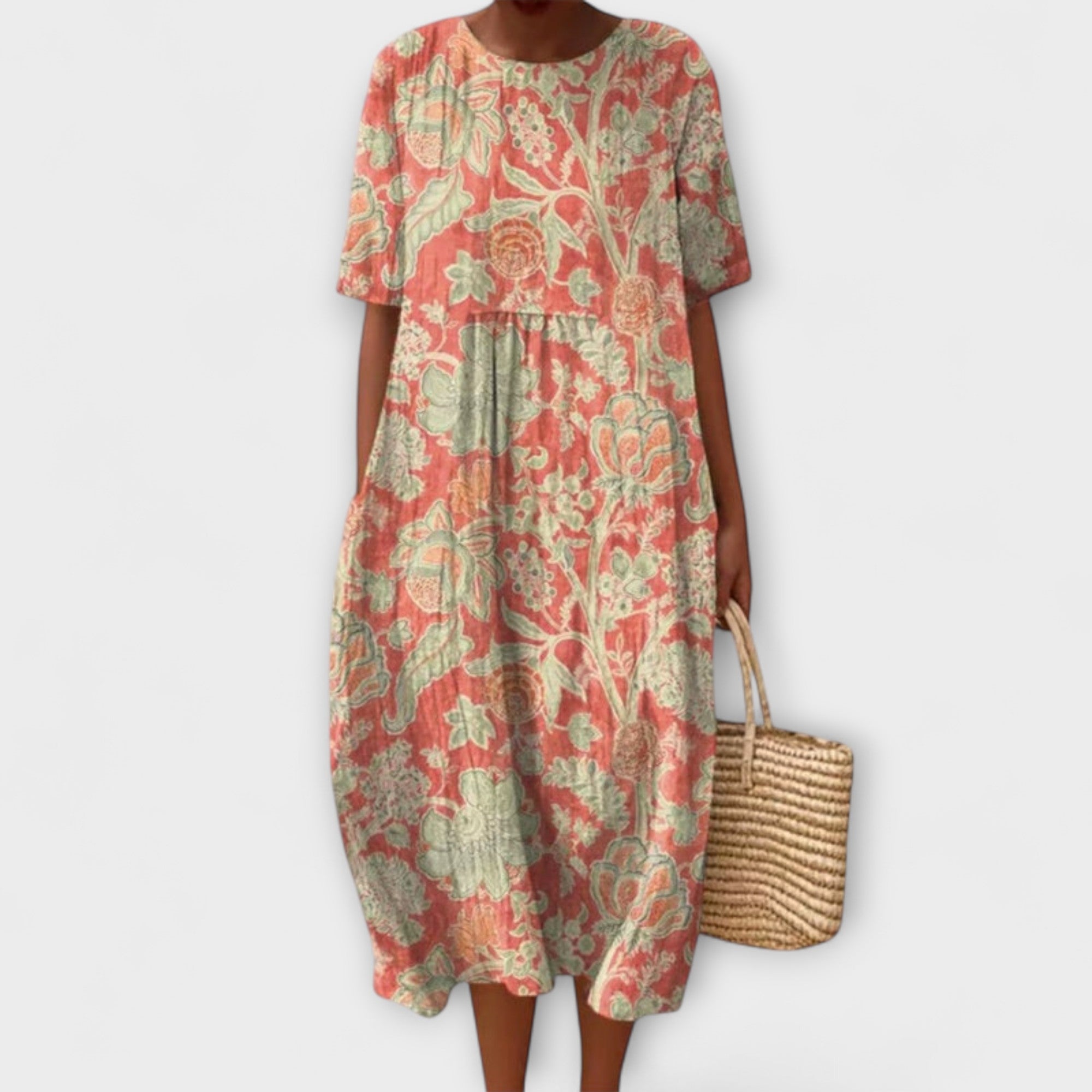 Women’s Floral Midi Dress, Sleeveless, Scoop Neck, A-Line Fit, Lightweight Fabric, Side Pockets