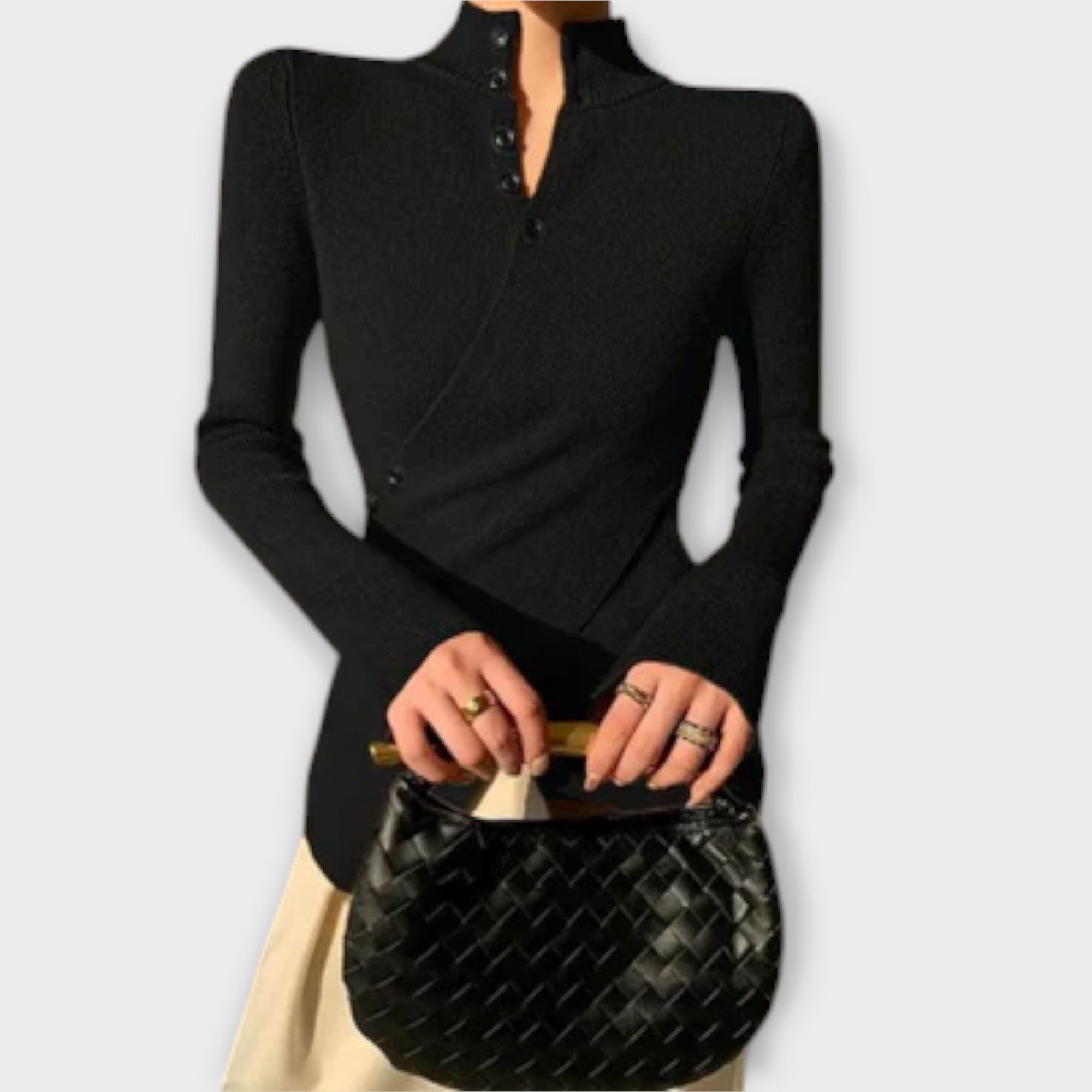 Women’s Ribbed Black Jumper, Cotton Blend, Long Sleeve, High Collar, Fitted