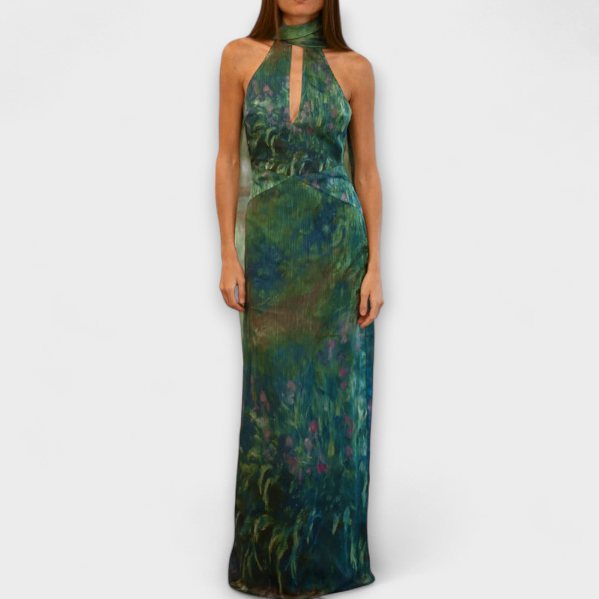 Women’s Maxi Dress, Blue Purple Green Impressionist Print, Sleeveless, High Neckline, Tailored Fit, Polyester Chiffon