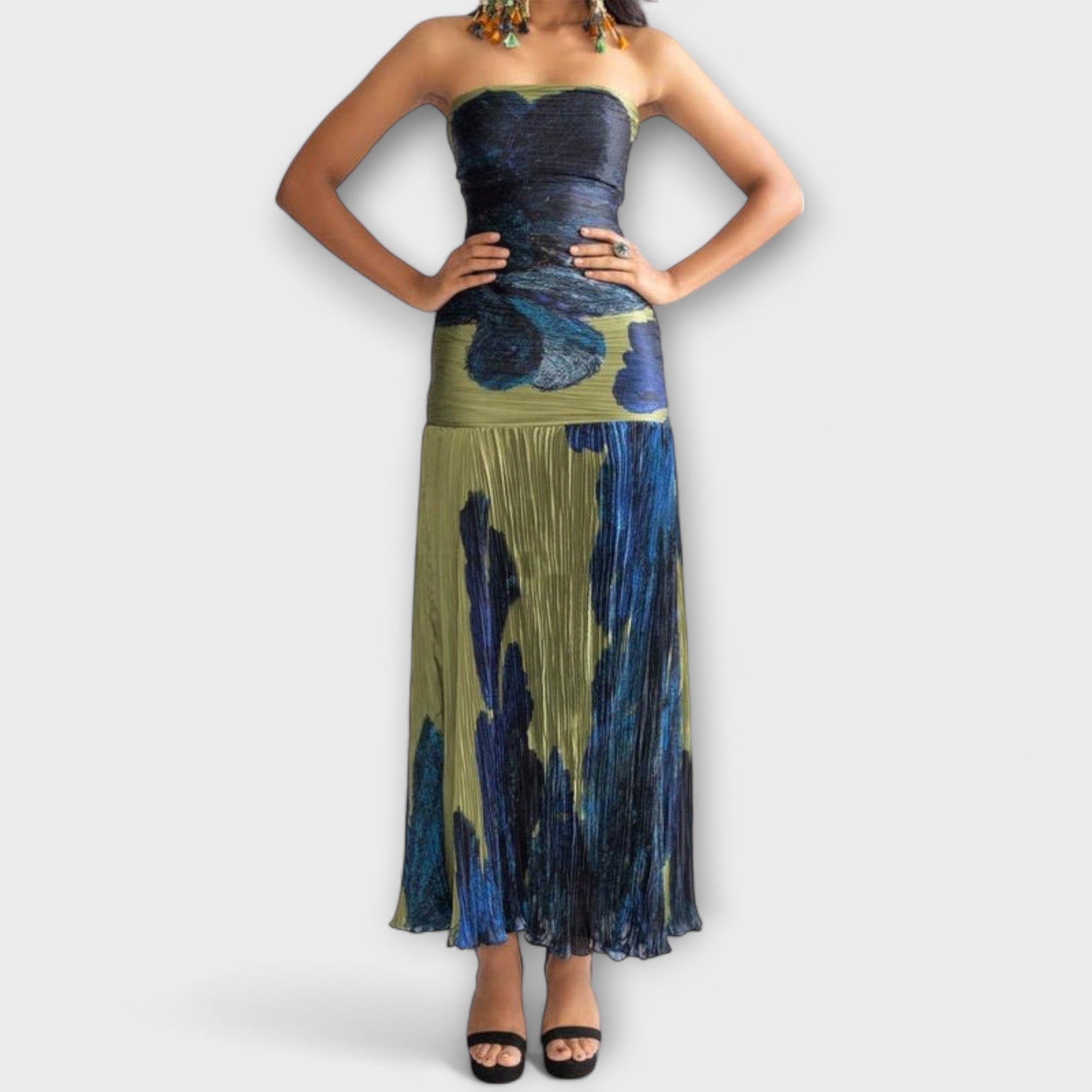 Women’s Midi Dress Strapless Bandeau Neckline Lightweight Chiffon Floral Print Daisy Micro-Pleats Ruched Back