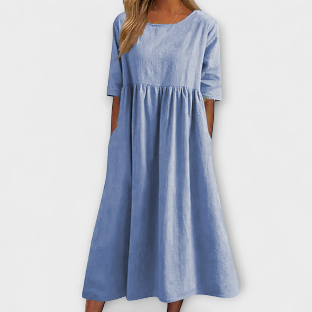 Women’s Blue Striped Midi Dress, Relaxed Fit, Midi Sleeves, High-Quality Fabric