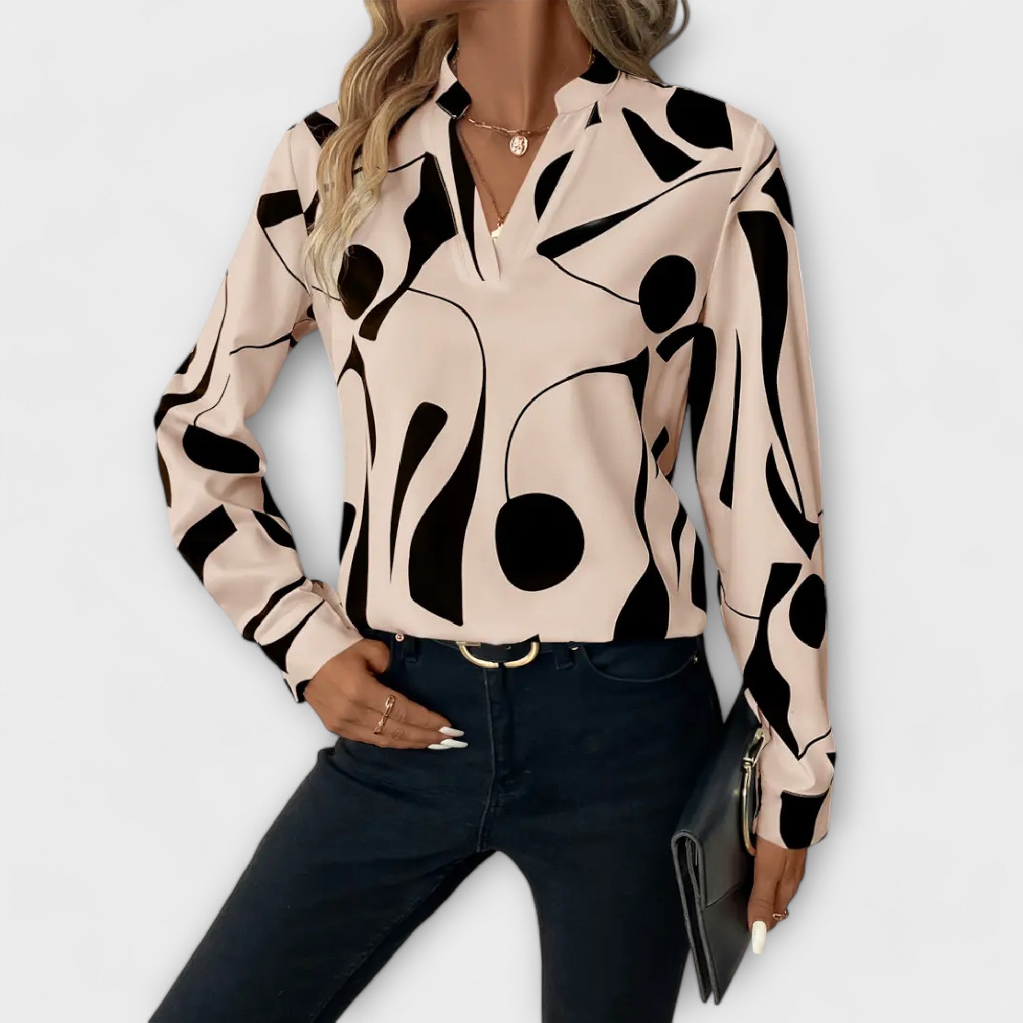 Women’s Blouse, Beige with Black Geometric Pattern, Long Sleeve, V-Neck, Lightweight Polyester, Versatile Fit