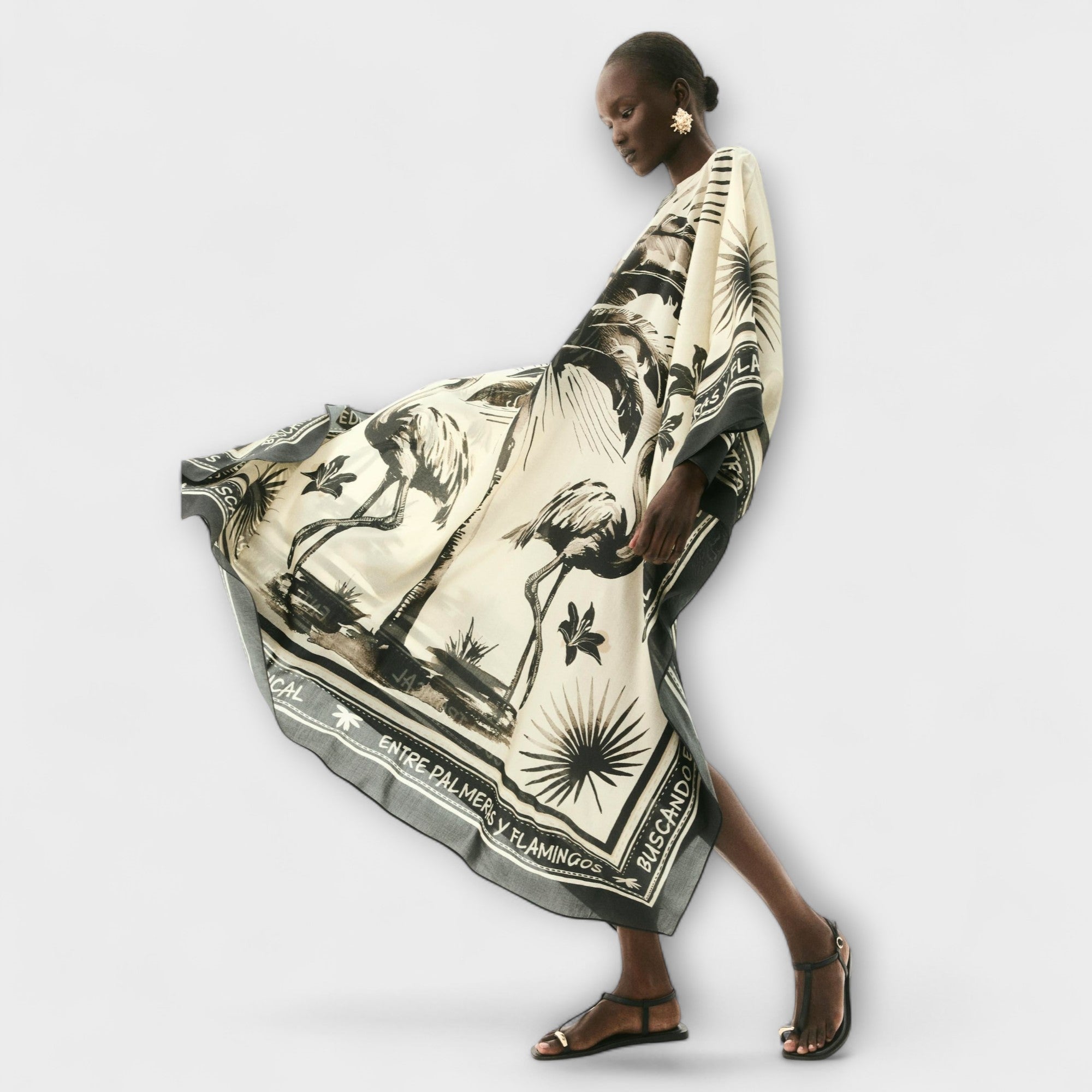 Women’s Ankle-Length Oversized Dress, Beige Black Flamingo Palm Print, V-Neck, Three-Quarter Sleeve, Lyocell Recycled Polyester Blend