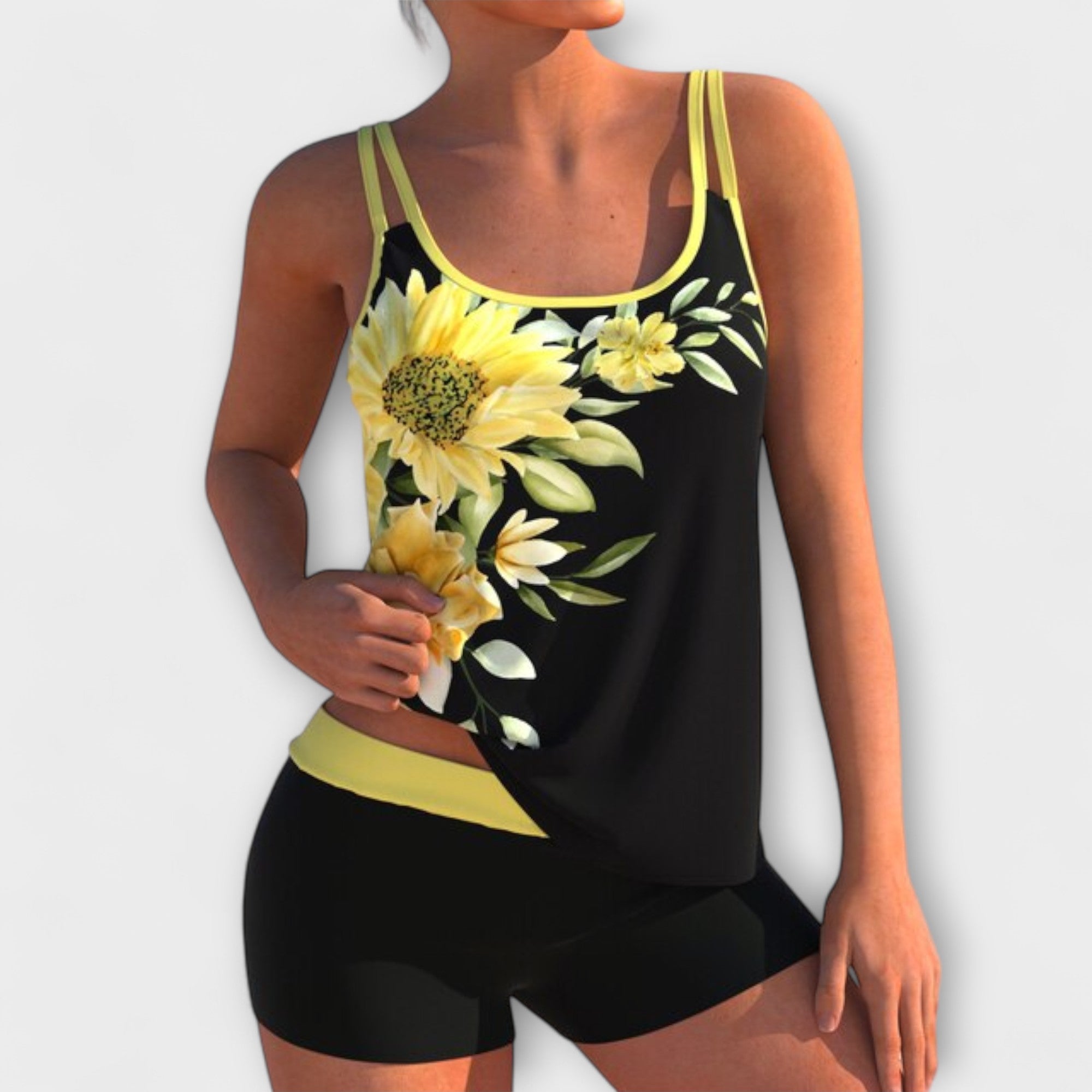 Women’s Floral Tankini Set, Sleeveless with Adjustable Double Straps, Round Neckline, Soft Breathable Fabric, Boyshort Briefs