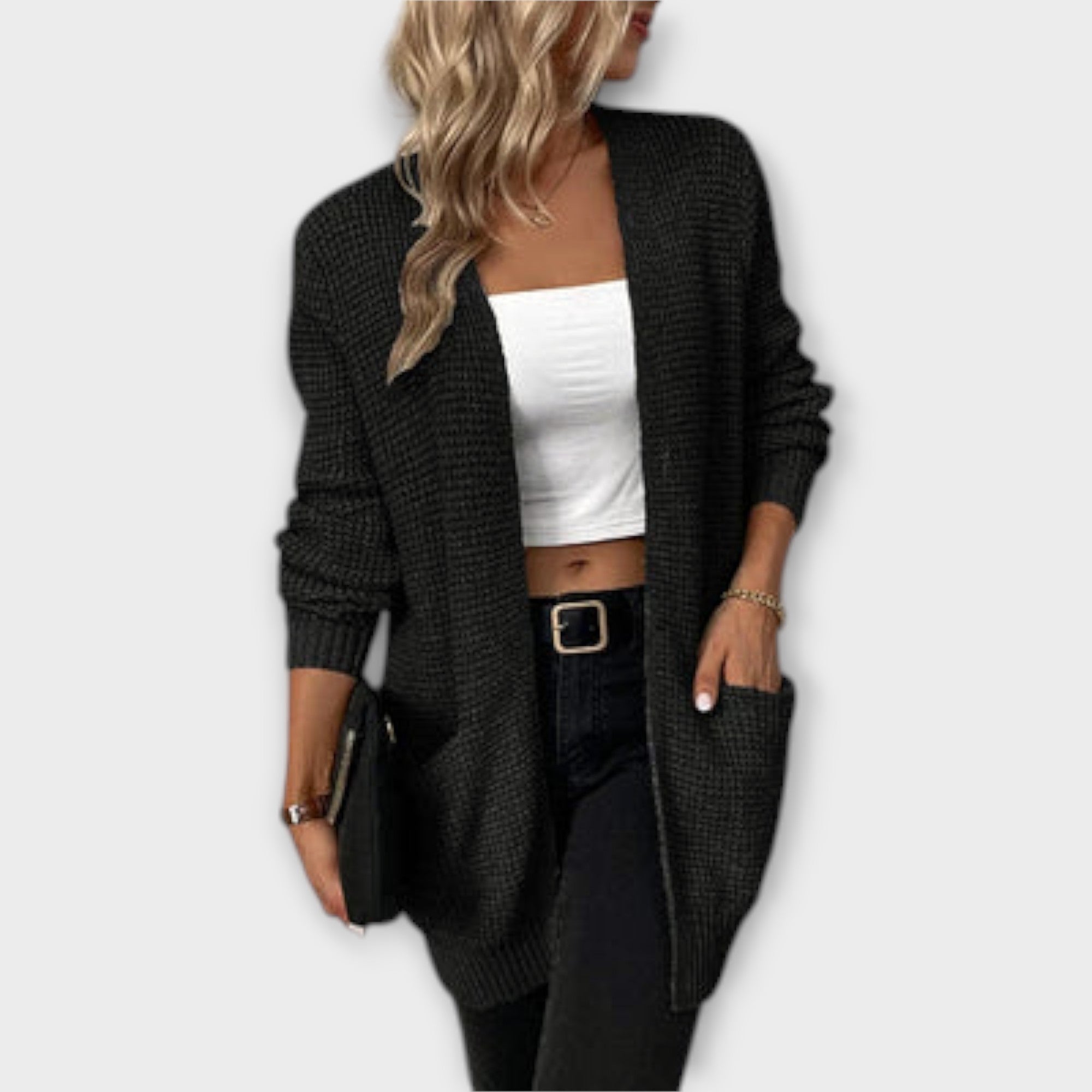 Women’s Long Sleeve Long Cardigan, Soft Knitted Fabric, Relaxed Fit, Open Neckline, Front Pockets, Grey, Black, Military Green