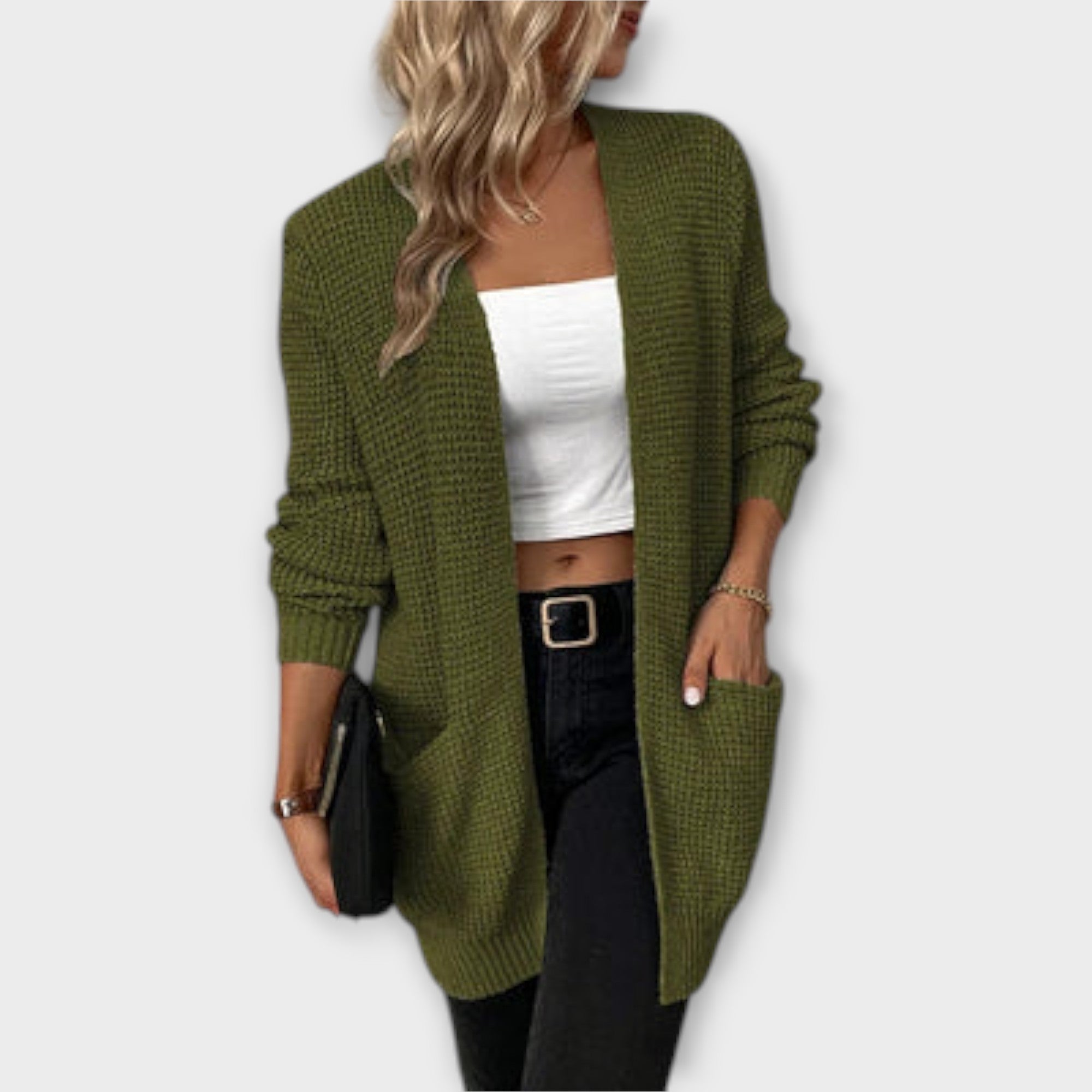 Women’s Long Sleeve Long Cardigan, Soft Knitted Fabric, Relaxed Fit, Open Neckline, Front Pockets, Grey, Black, Military Green