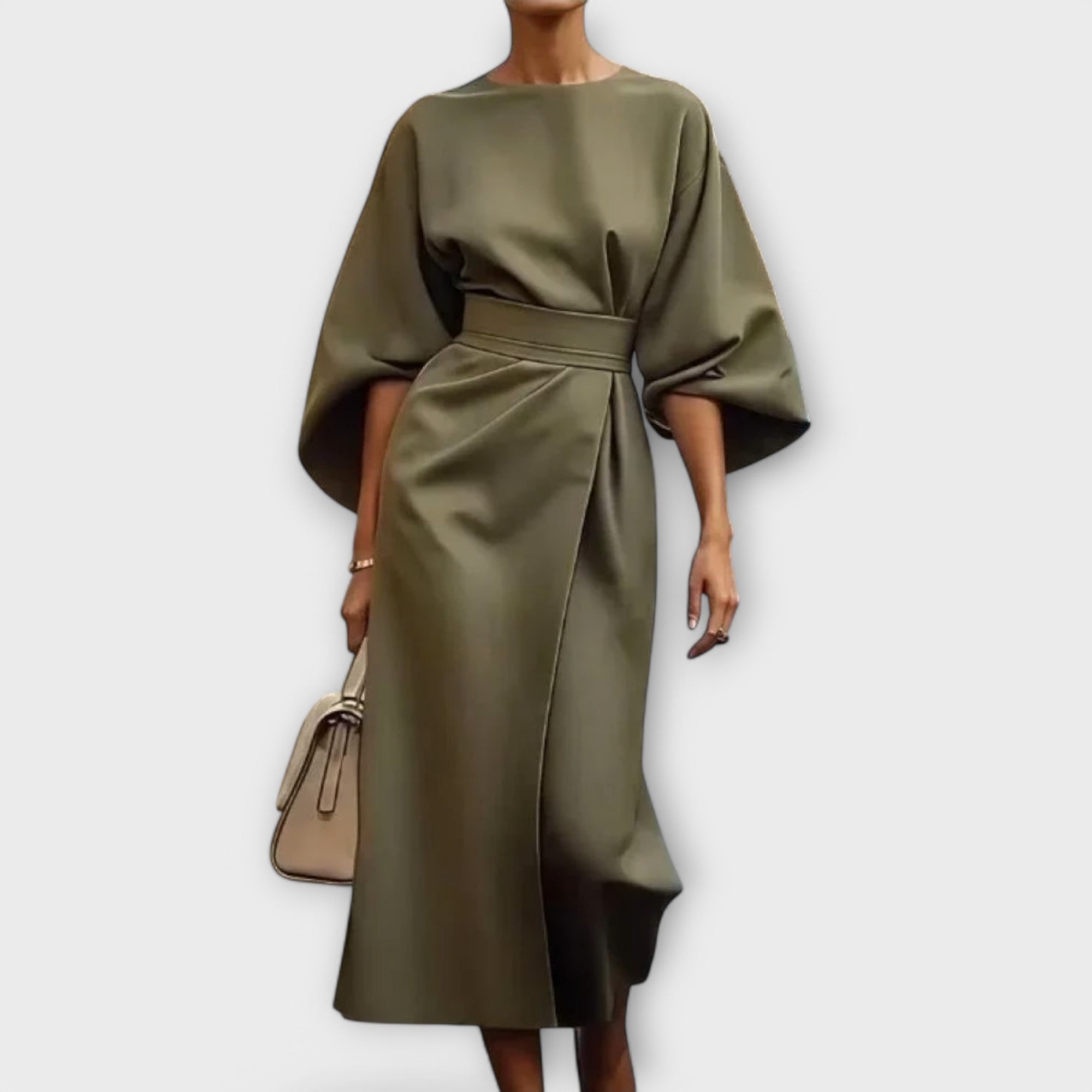 Women’s Dress, Elegant Silhouette, Lantern Sleeves, Belted Waist