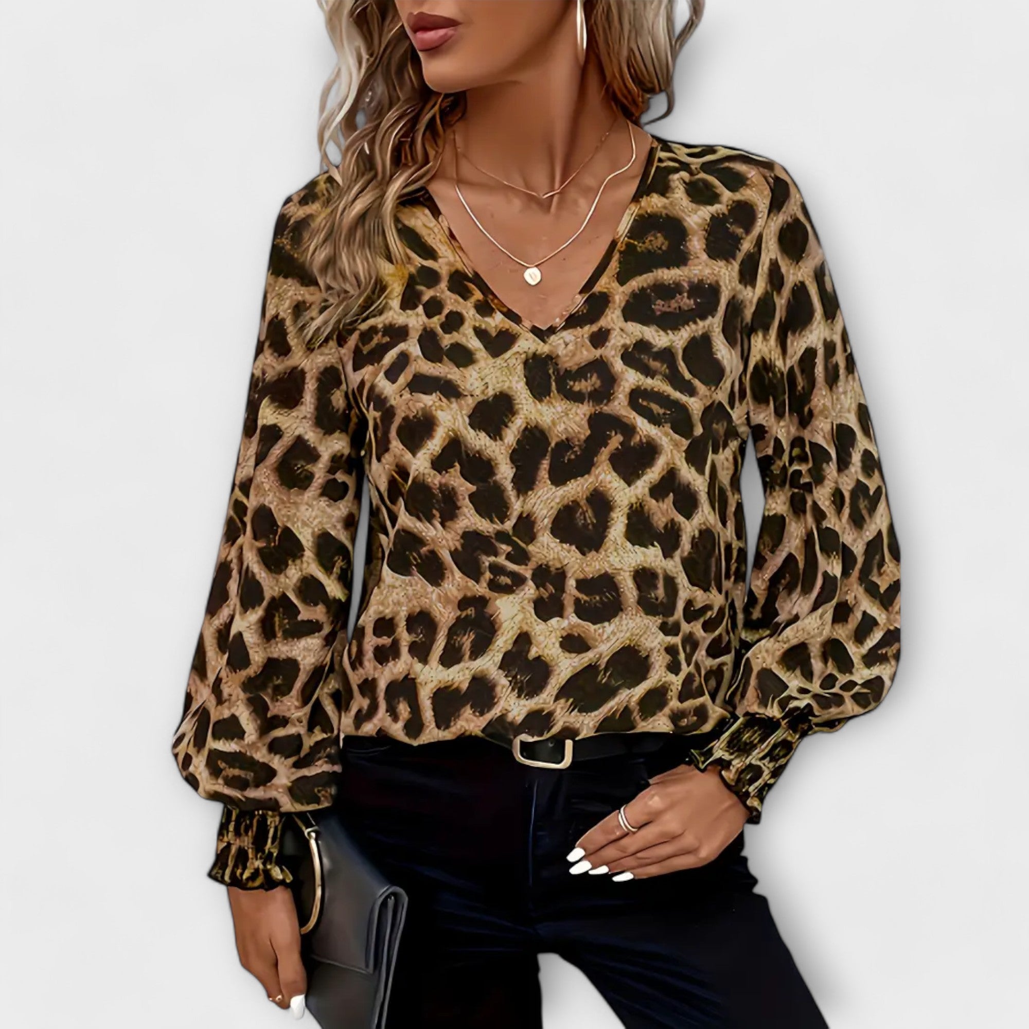 Women’s Leopard Print Blouse, Lightweight Fabric, Long Sleeve, V-Neck, Relaxed Fit