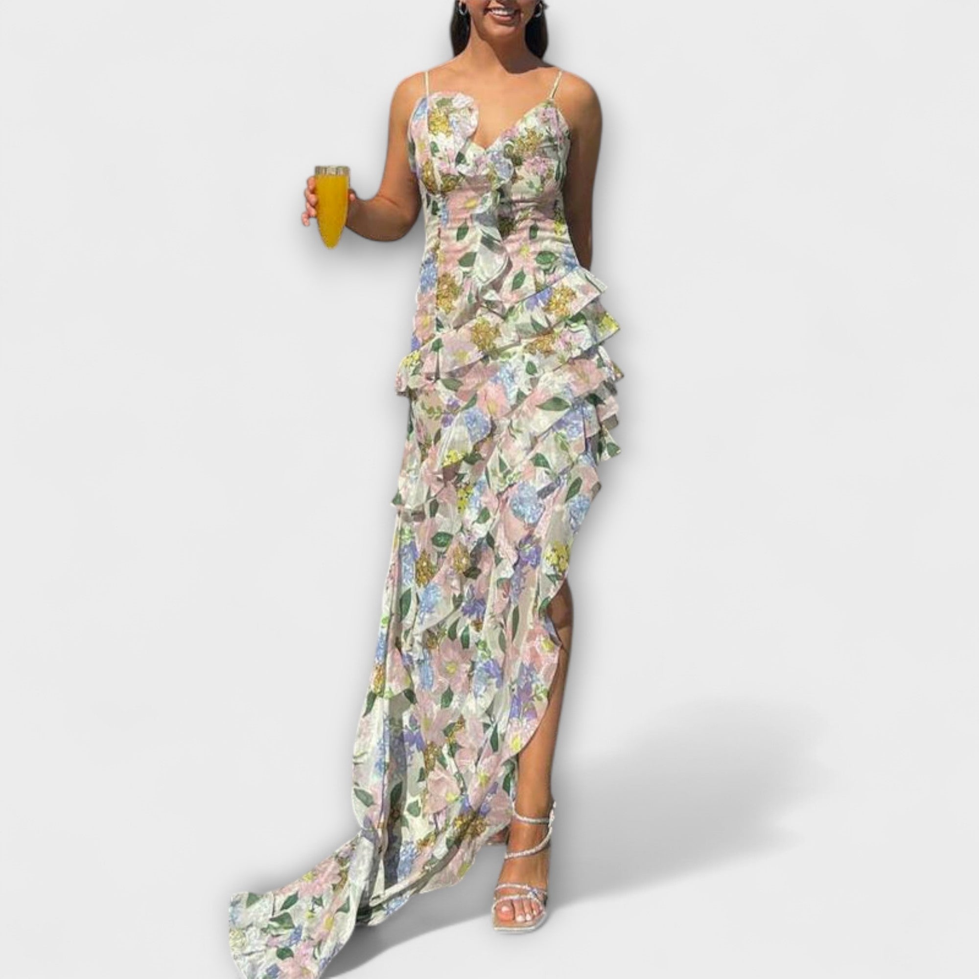 Women’s Maxi Dress, Sleeveless, Layered Ruffles, Asymmetrical Neckline, High Slits, Soft Fabric