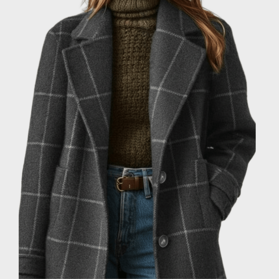 Women’s Knee-Length Wool Blend Dress, Checked Pattern, Long Sleeve, Notch Collar, Structured Fit