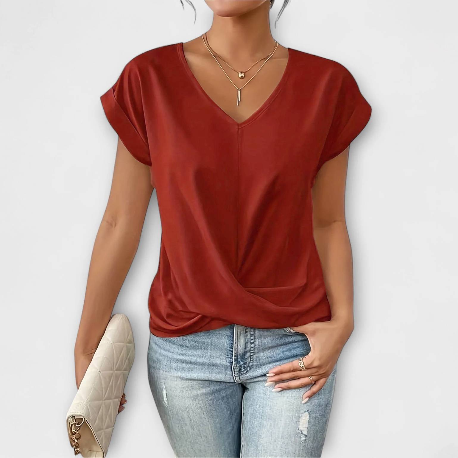 Women’s Lightweight V-Neck Top, Fluid Fit, Subtle Button Detail, Comfortable and Versatile