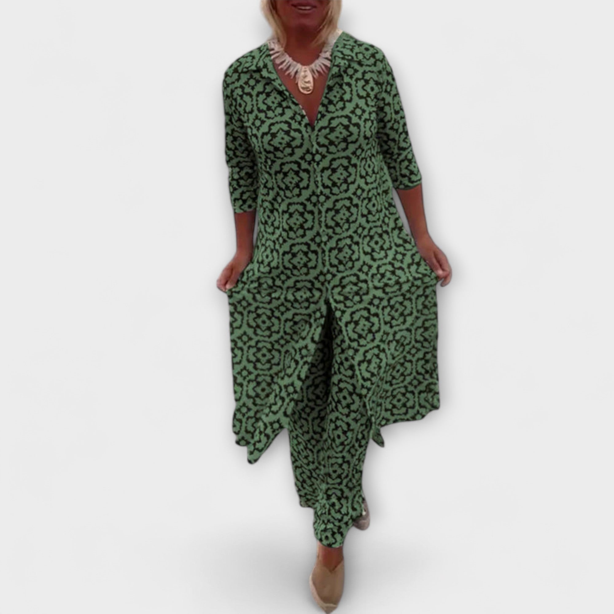 Women’s Two-Piece Set, Geometric Pattern, Relaxed Fit