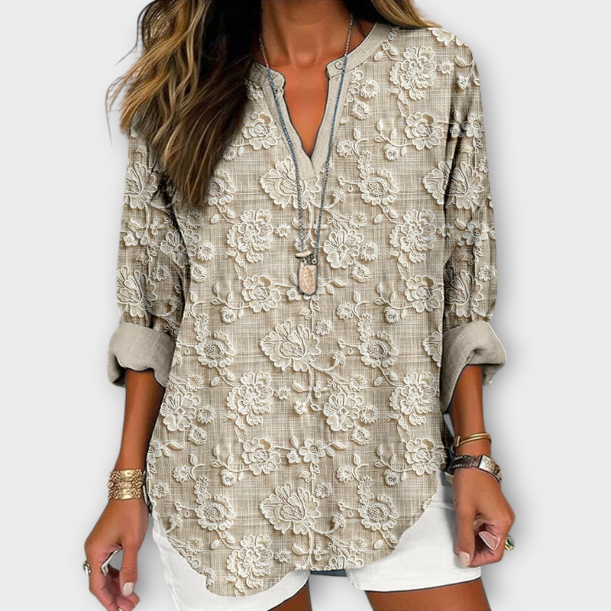 Women’s Long Sleeve Floral Blouse, Lightweight Fabric, Relaxed Fit, Split V-Neck, Rolled Sleeves