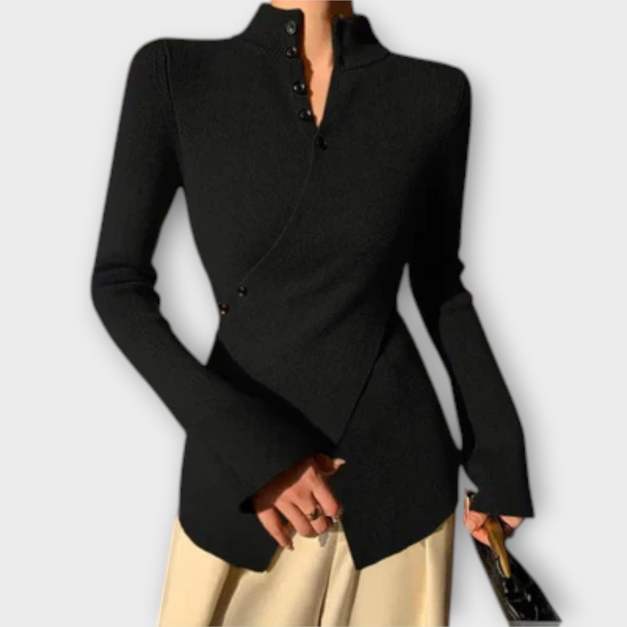 Women’s Ribbed Black Jumper, Cotton Blend, Long Sleeve, High Collar, Fitted