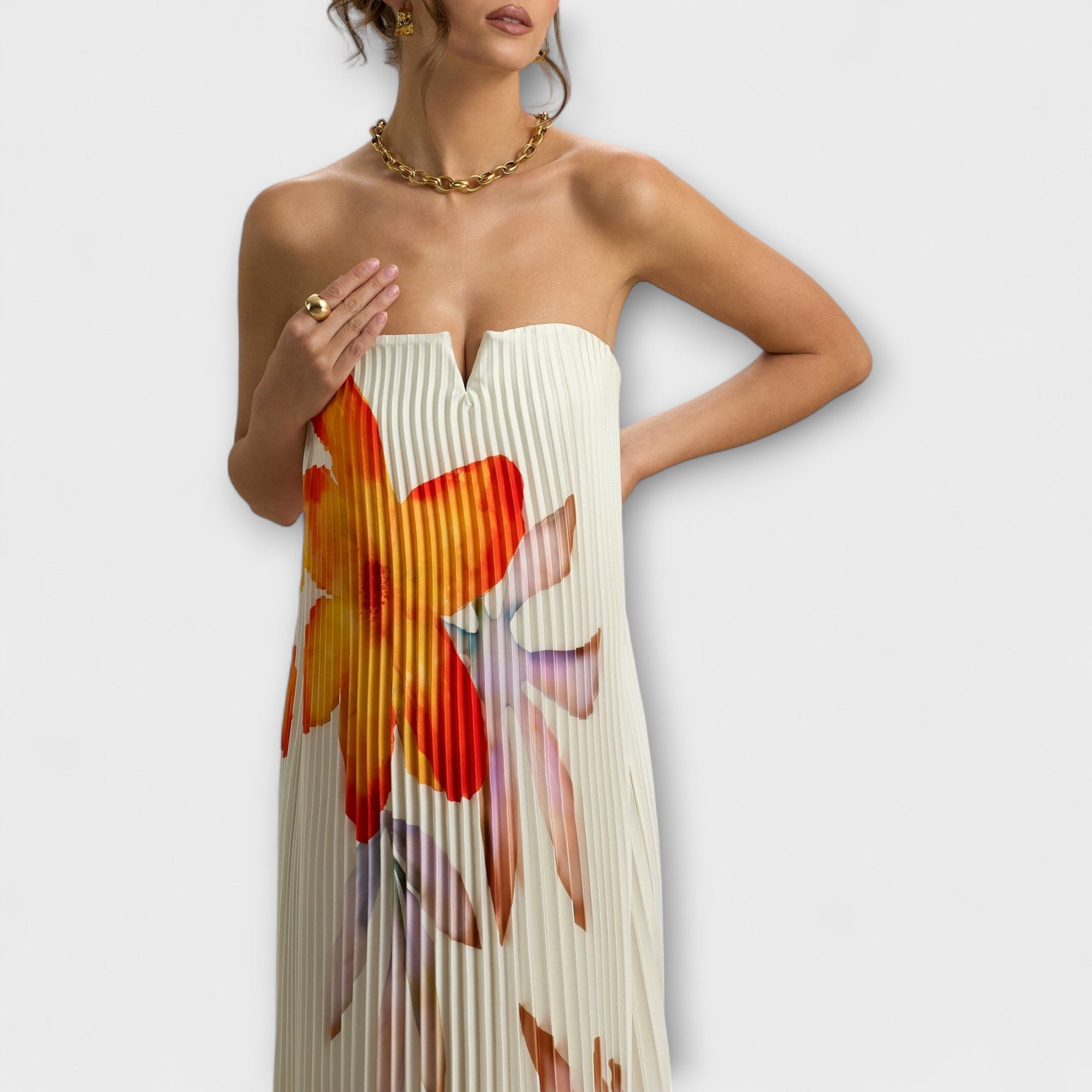 Women’s Maxi Dress, Orange Floral Pleated Fabric, Sleeveless, Sweetheart Neckline, Integrated Corset Fit, Full-Length Hem