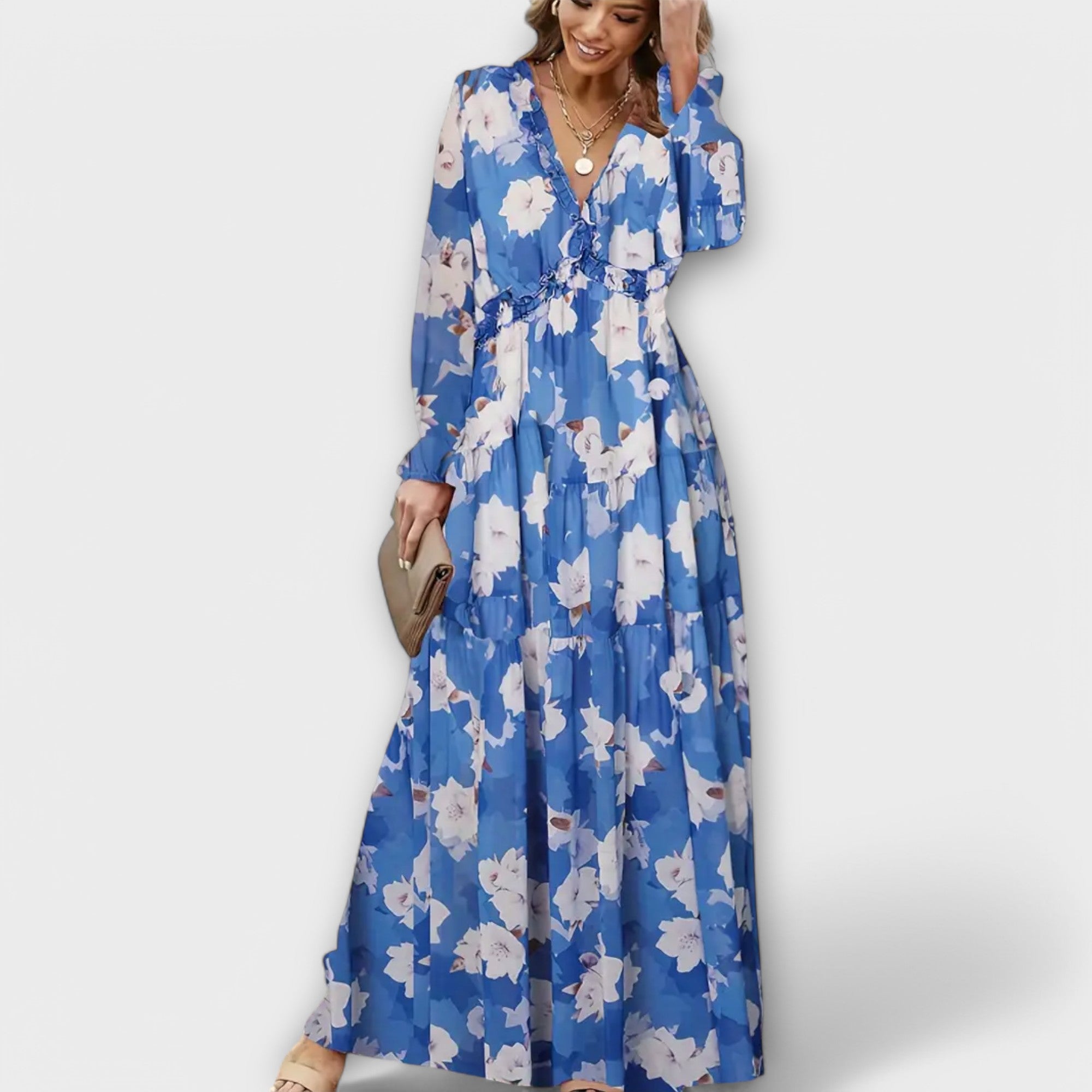 Women’s Maxi Dress, Floral Print, Long Sleeve, V-Neck, Pleated Fabric