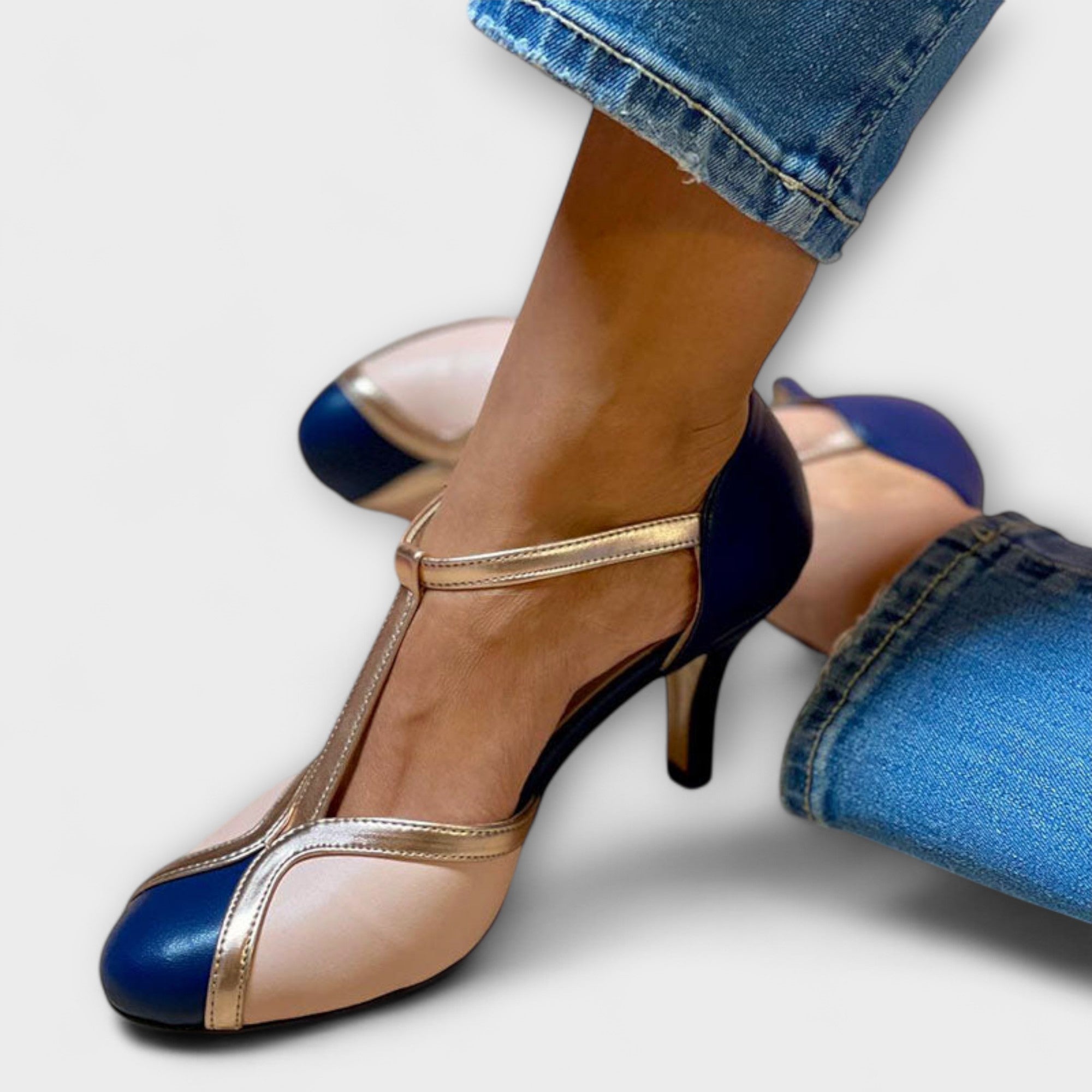 Women’s Leather T-Strap Heels, Navy Blue, Cushioned Insole, Conical Heel, Metallic Accents