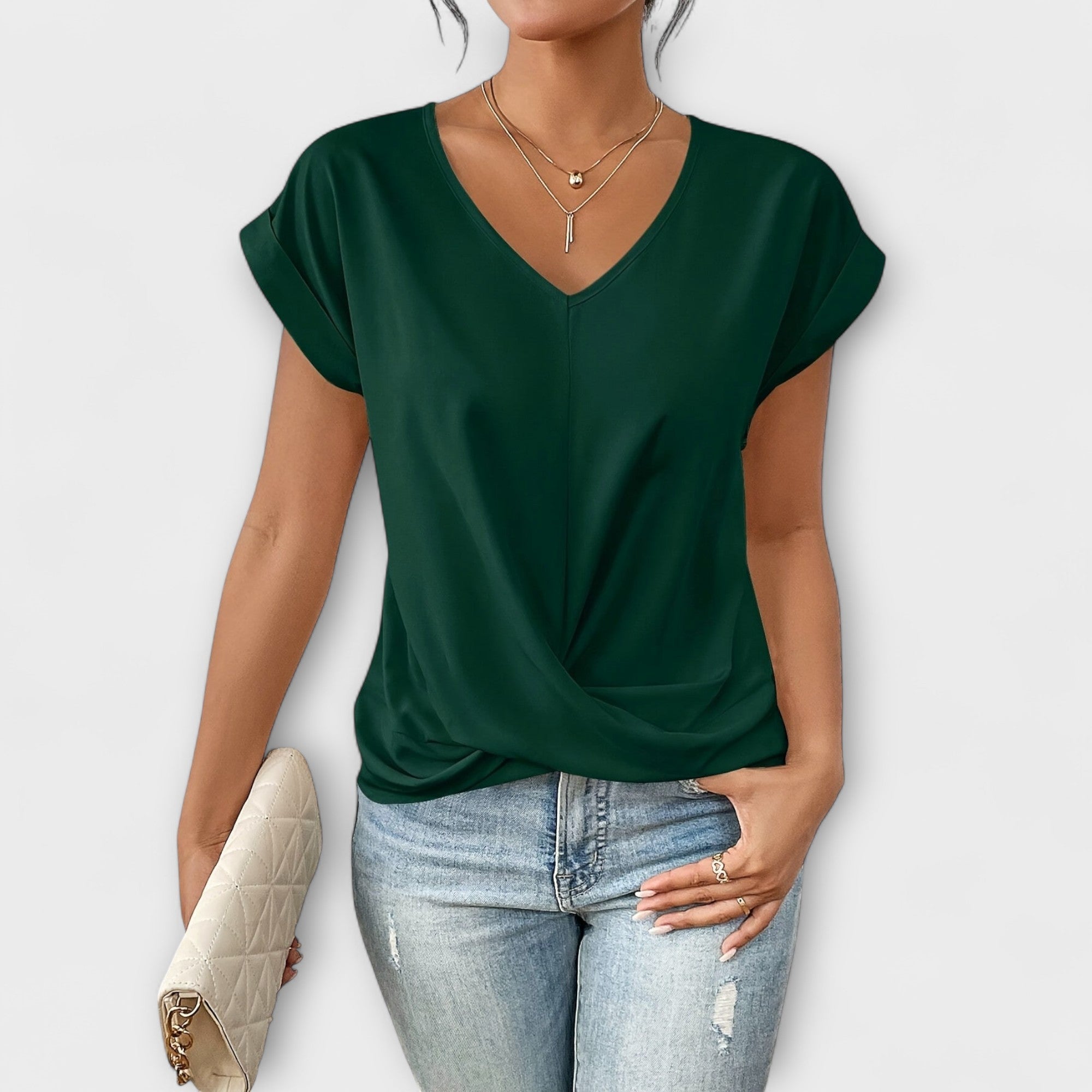 Women’s Lightweight V-Neck Top, Fluid Fit, Subtle Button Detail, Comfortable and Versatile