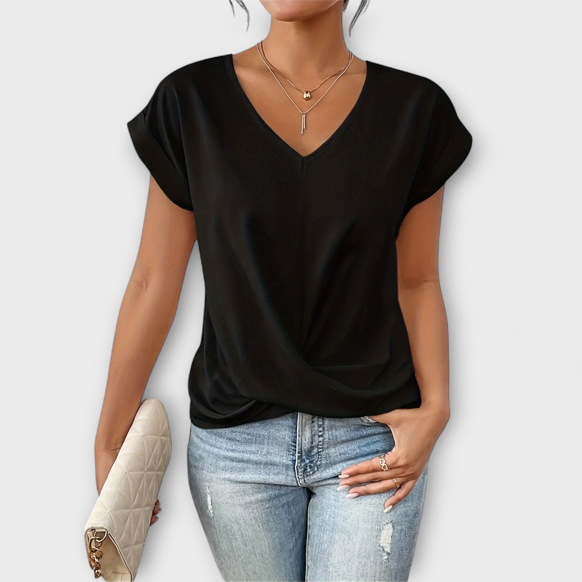 Women’s Lightweight V-Neck Top, Fluid Fit, Subtle Button Detail, Comfortable and Versatile