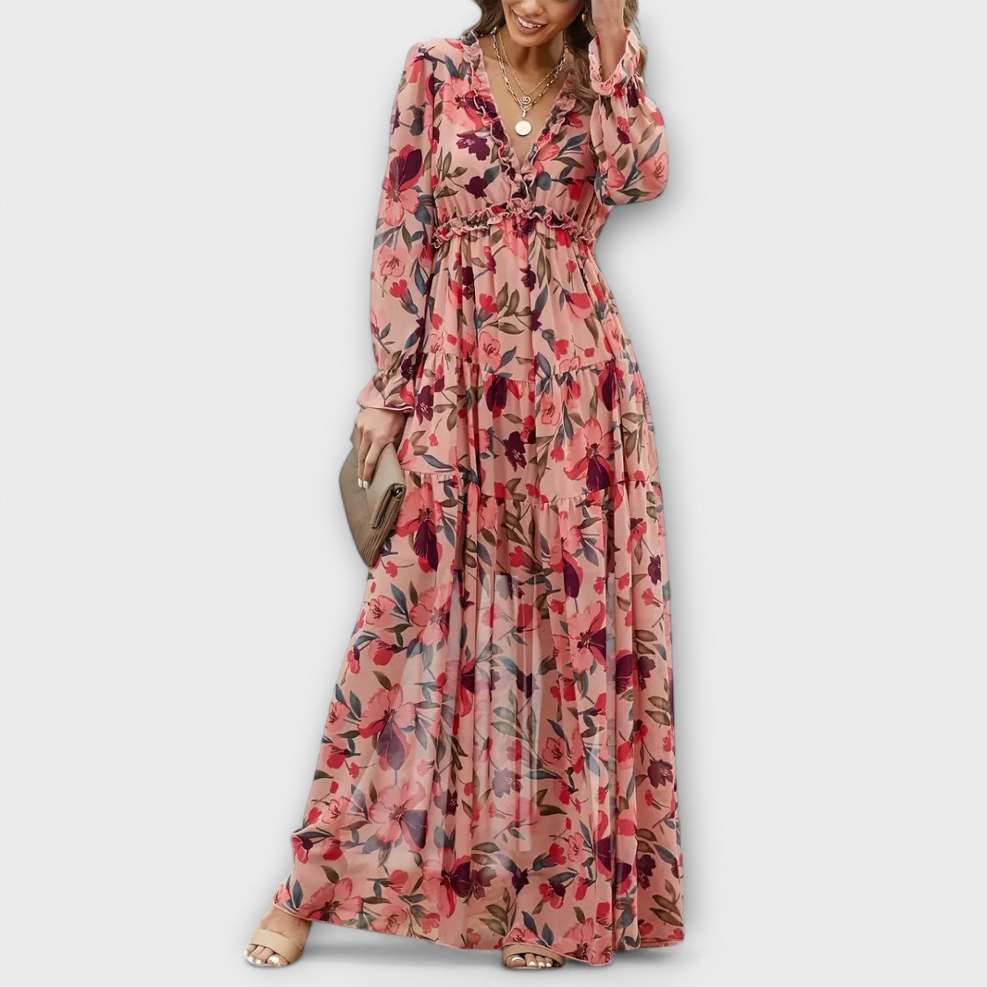 Women’s Maxi Dress, Floral Print, Long Sleeve, V-Neck, Pleated Fabric