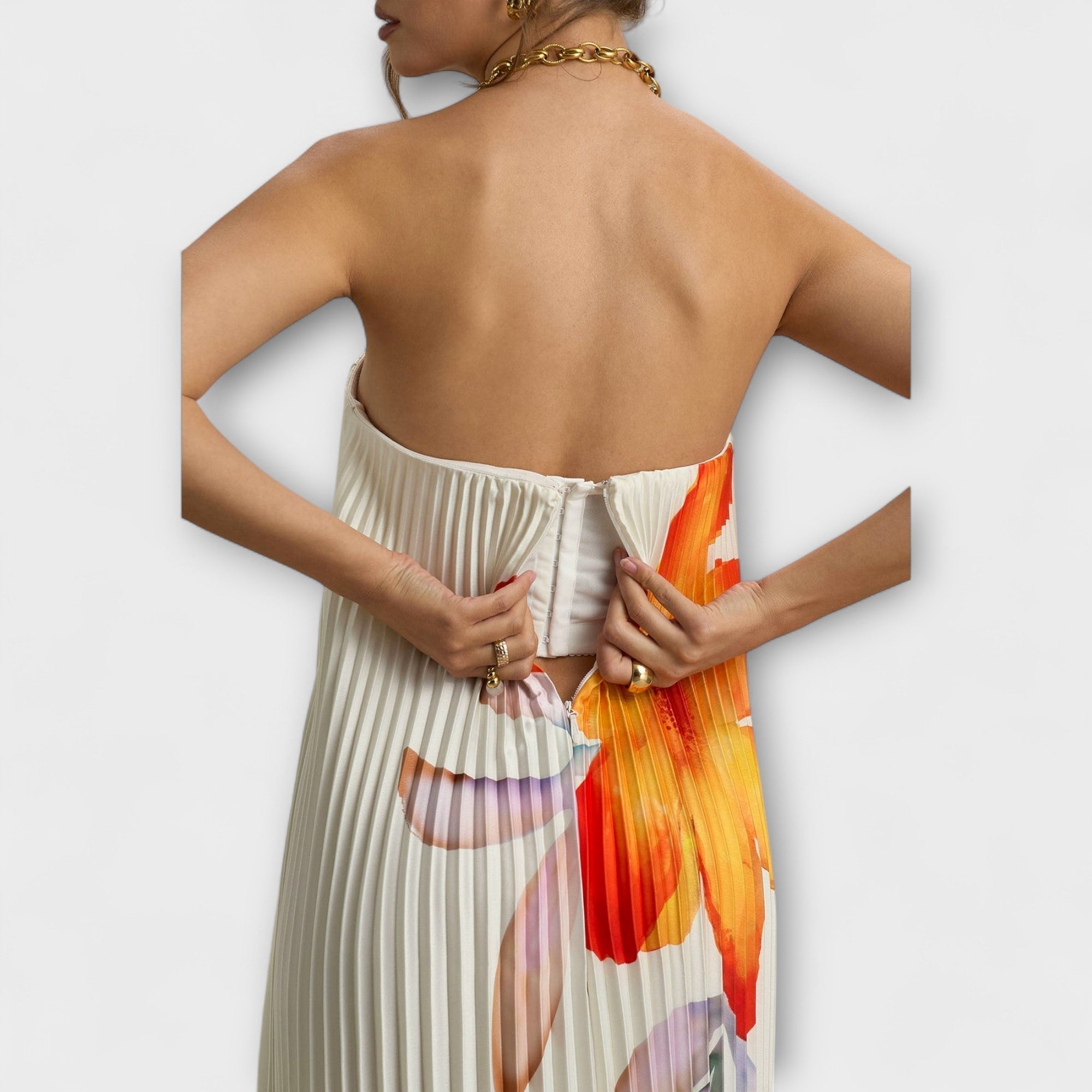 Women’s Maxi Dress, Orange Floral Pleated Fabric, Sleeveless, Sweetheart Neckline, Integrated Corset Fit, Full-Length Hem