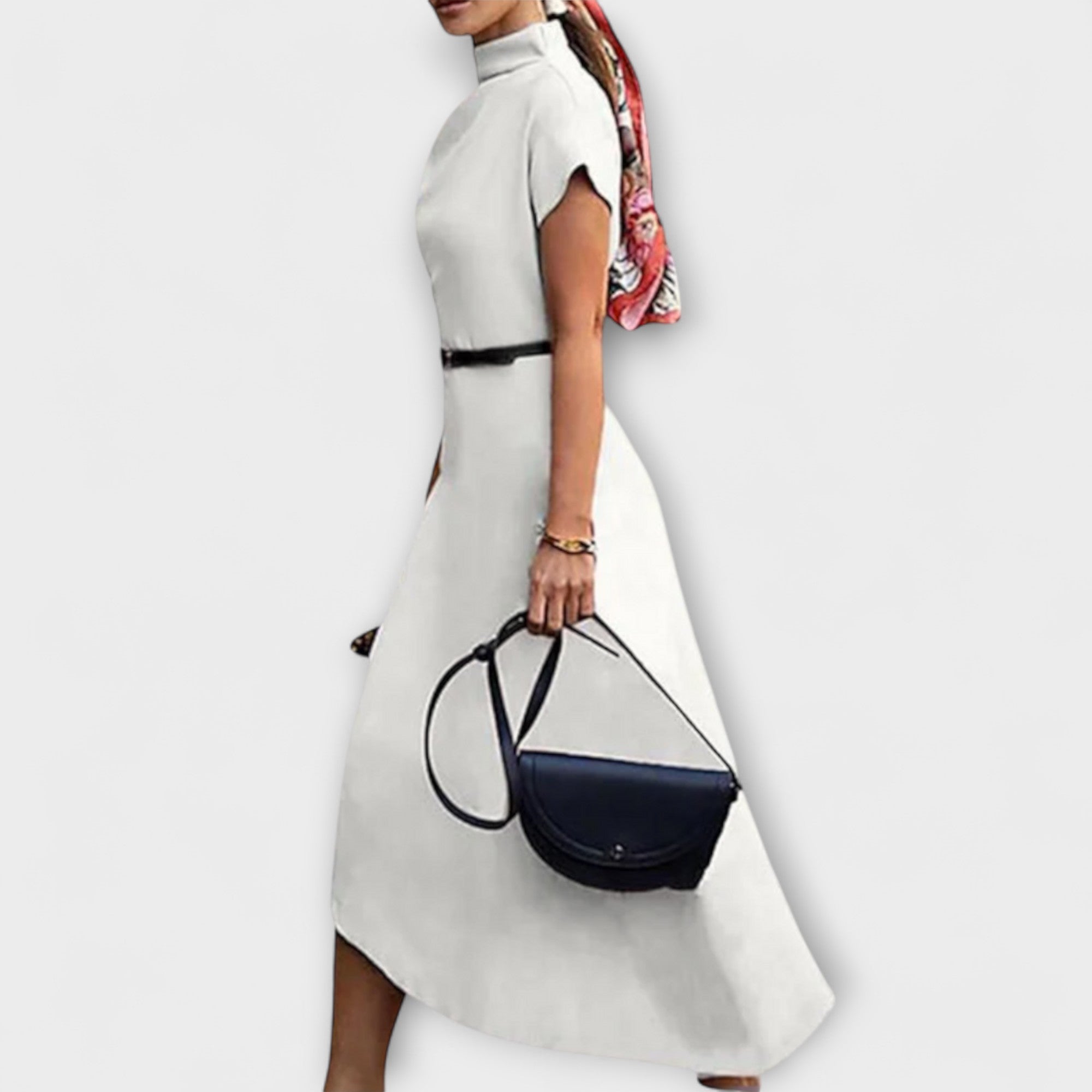 Women’s Sleeveless Cotton Blend A-Line Dress, High Neckline, Asymmetrical Cut, Slit Detail