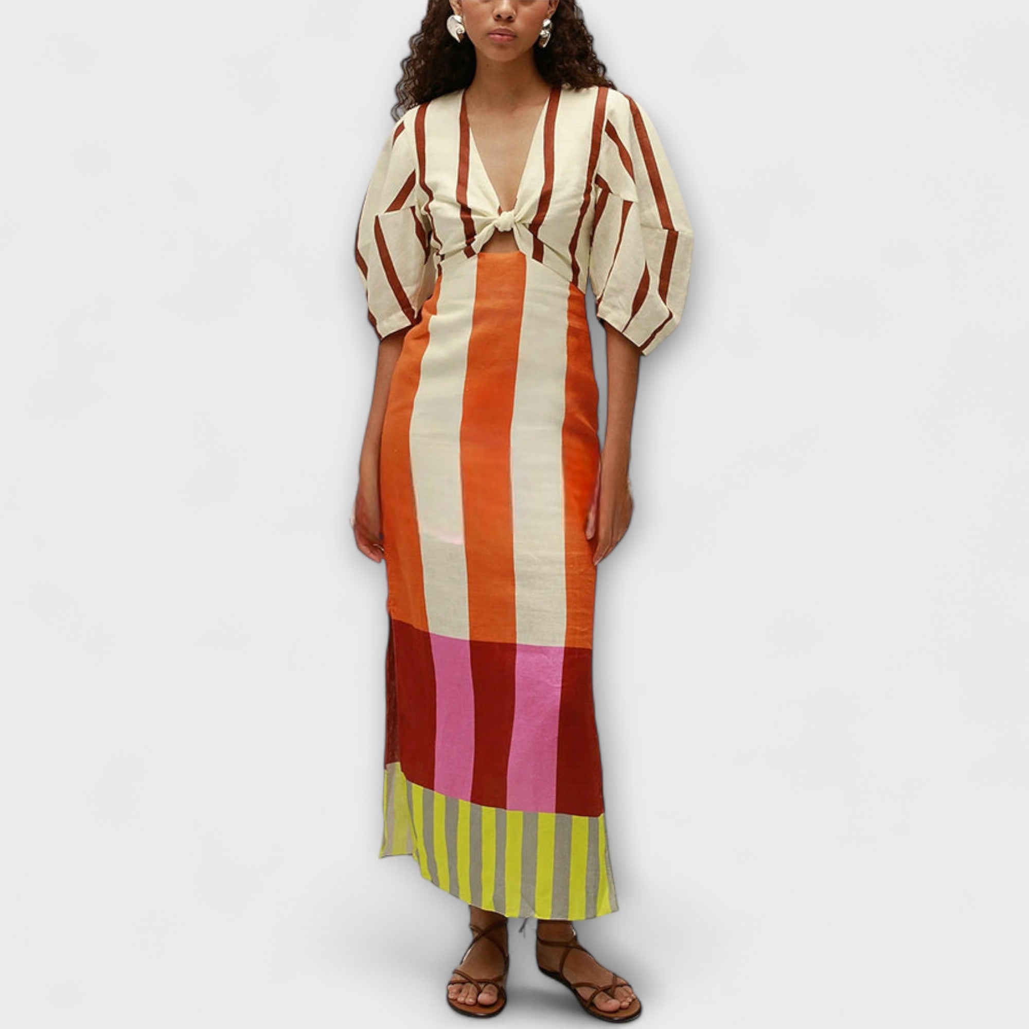 Women’s Ankle-Length Linen Blend Dress, Relaxed Fit, Balloon Sleeves, V-Neckline