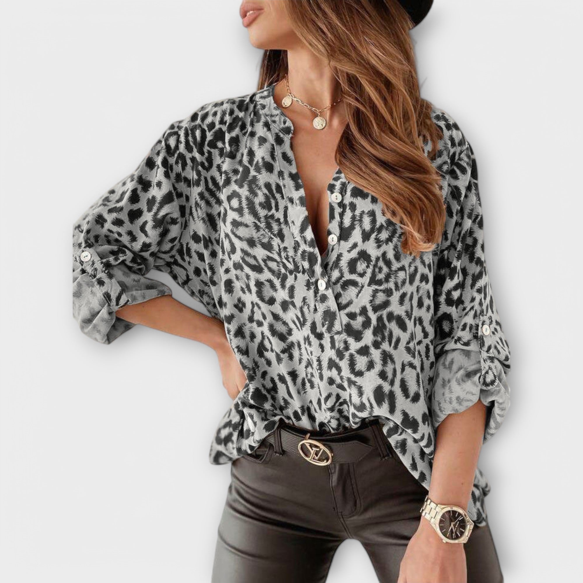 Women’s Leopard Print Blouse, Adjustable Roll-Up Sleeves, Comfortable Fit