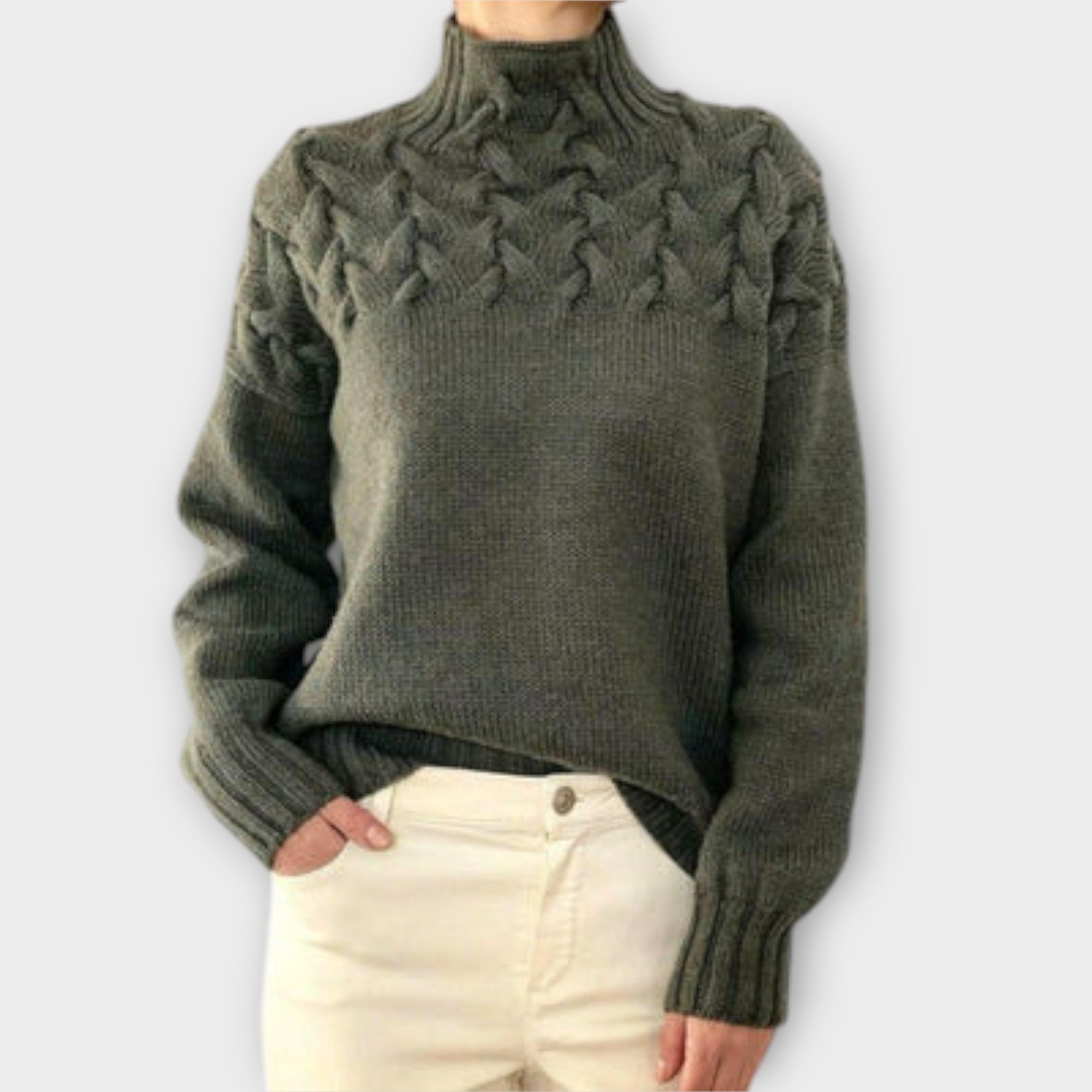 Women’s Jumper, Cable Knit Pattern, Long Sleeve, High Neck, Comfortable Fit