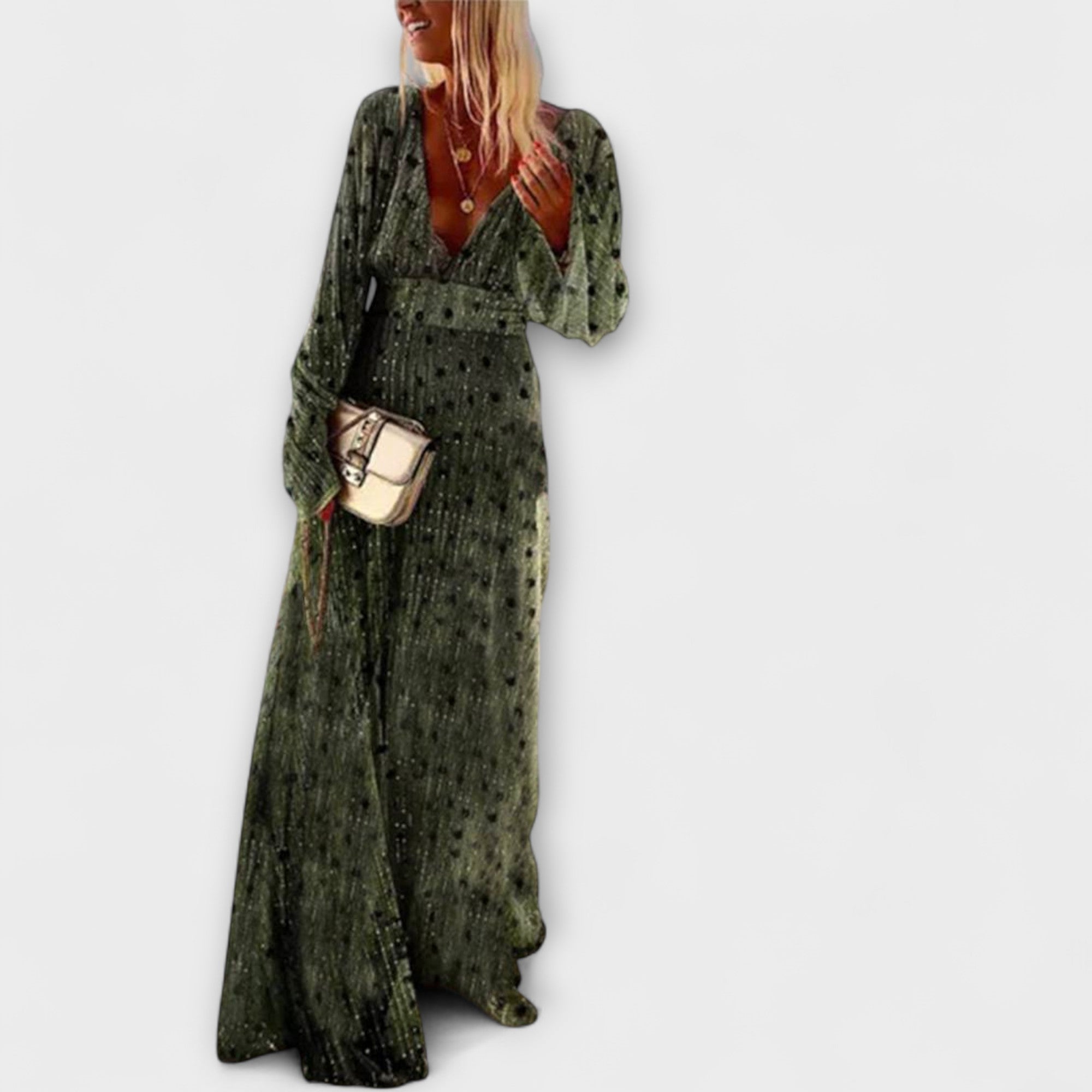 Women’s Long Dress, V-Neck, Defined Waist, Comfortable Fit, High-Quality Fabric