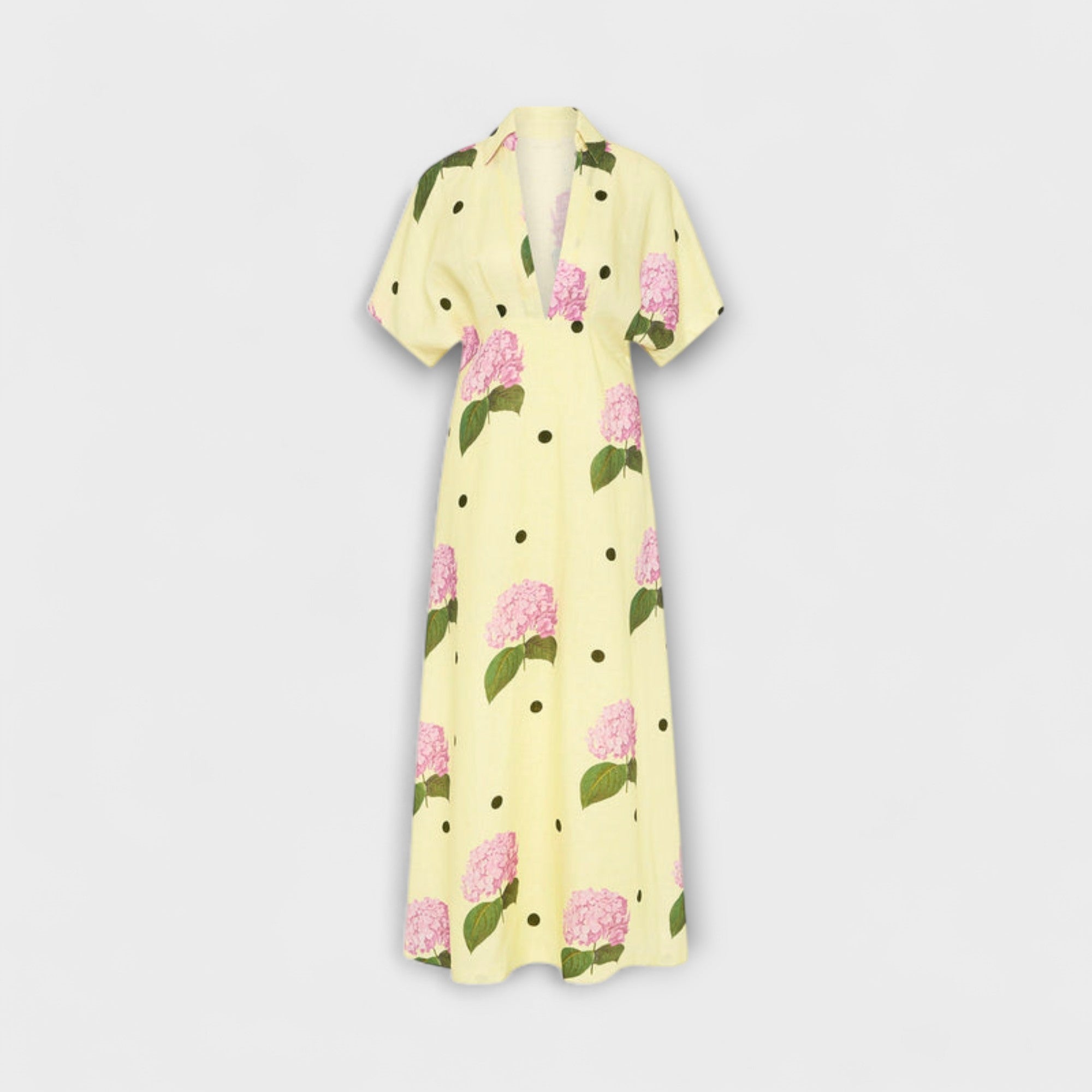 Women’s Polka Dot Midi Dress, Sleeveless, Tailored Fit, V-Neckline, A-Line Skirt, Lace Collar, Belted Waist