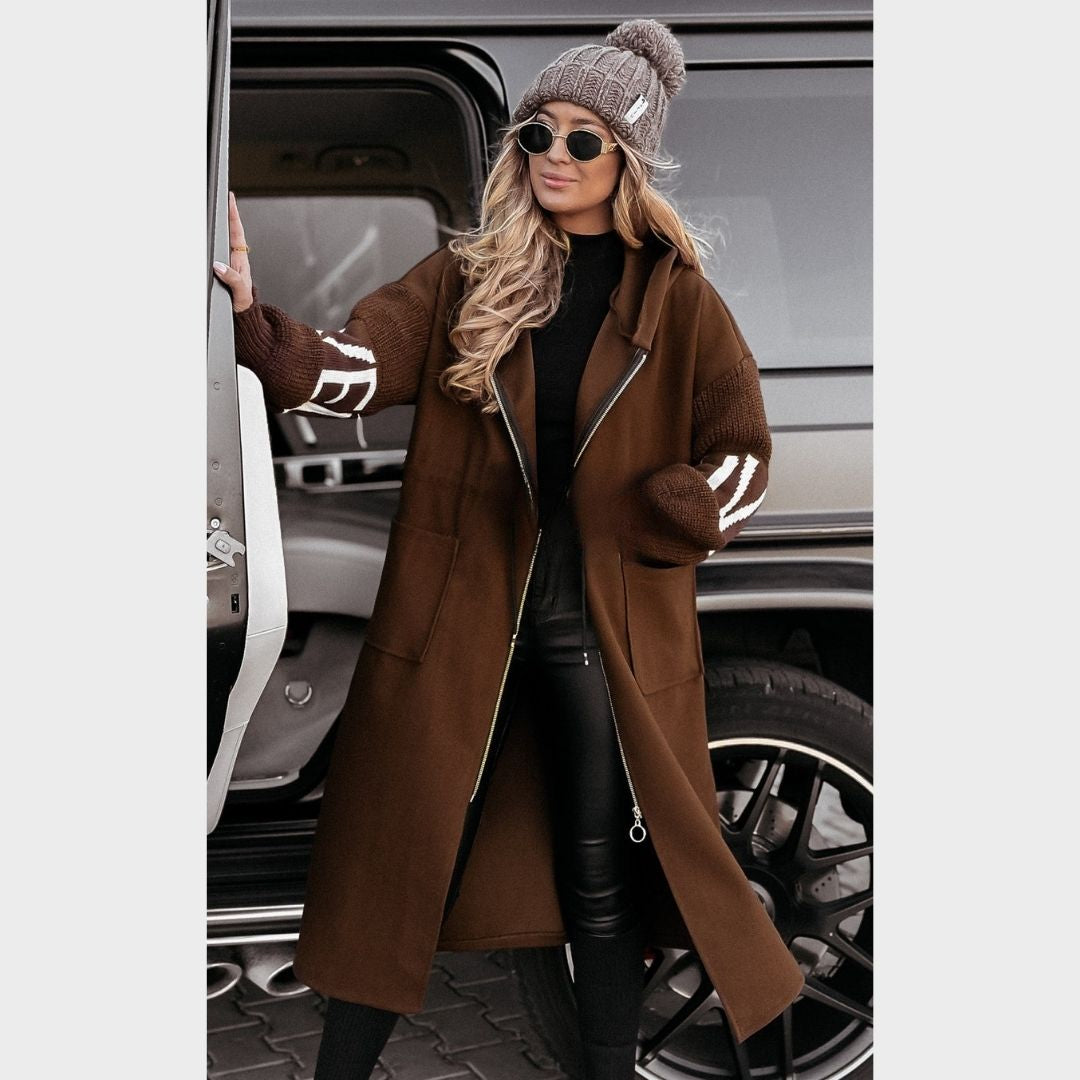 Women’s Wool-Blend Coat, Tailored Fit, Long Sleeve, Zip Closure, Wool-Trimmed Sleeves