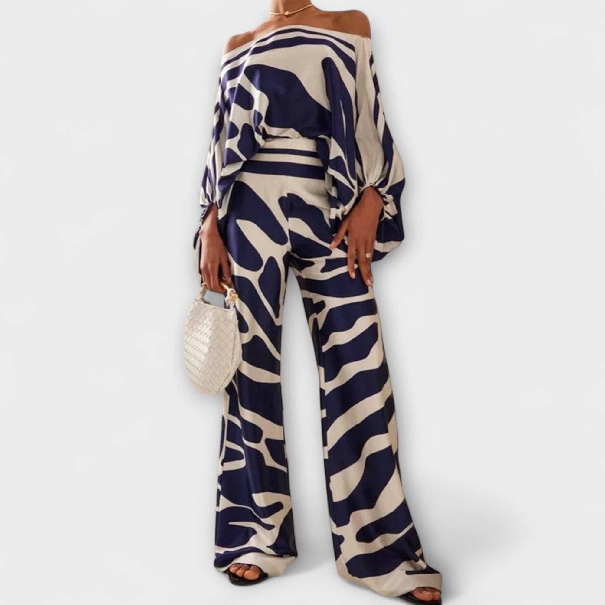 Women’s Two-Piece Set, Printed, Strapless Lantern Sleeves Top, Wide-Leg Trousers