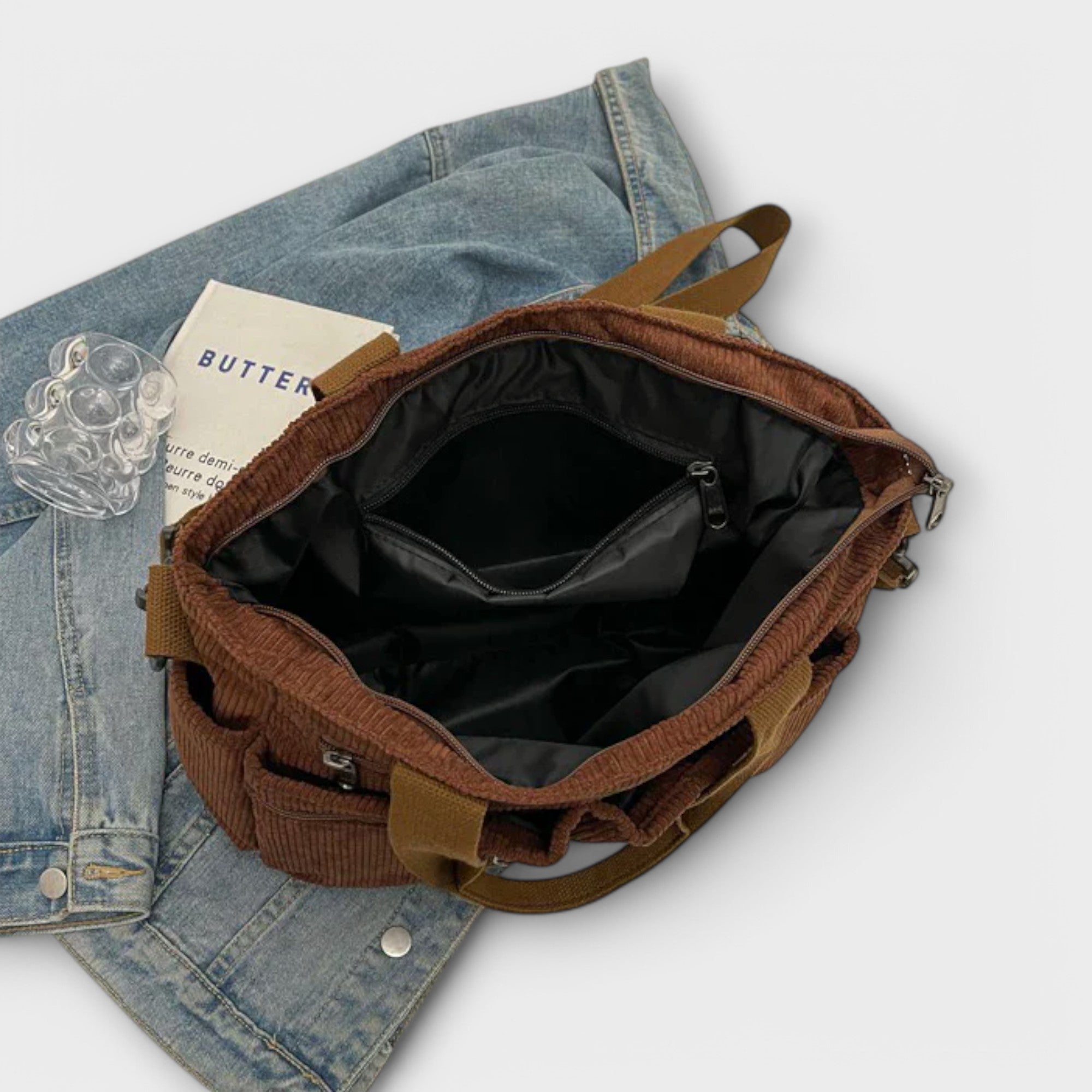 Women’s Corduroy Shoulder Bag, Water-Resistant, Lightweight, Durable, Zipper Closure