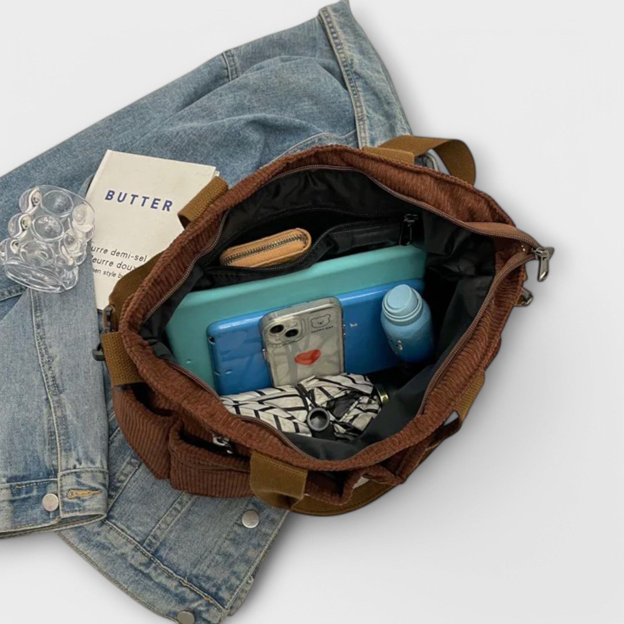 Women’s Corduroy Shoulder Bag, Water-Resistant, Lightweight, Durable, Zipper Closure