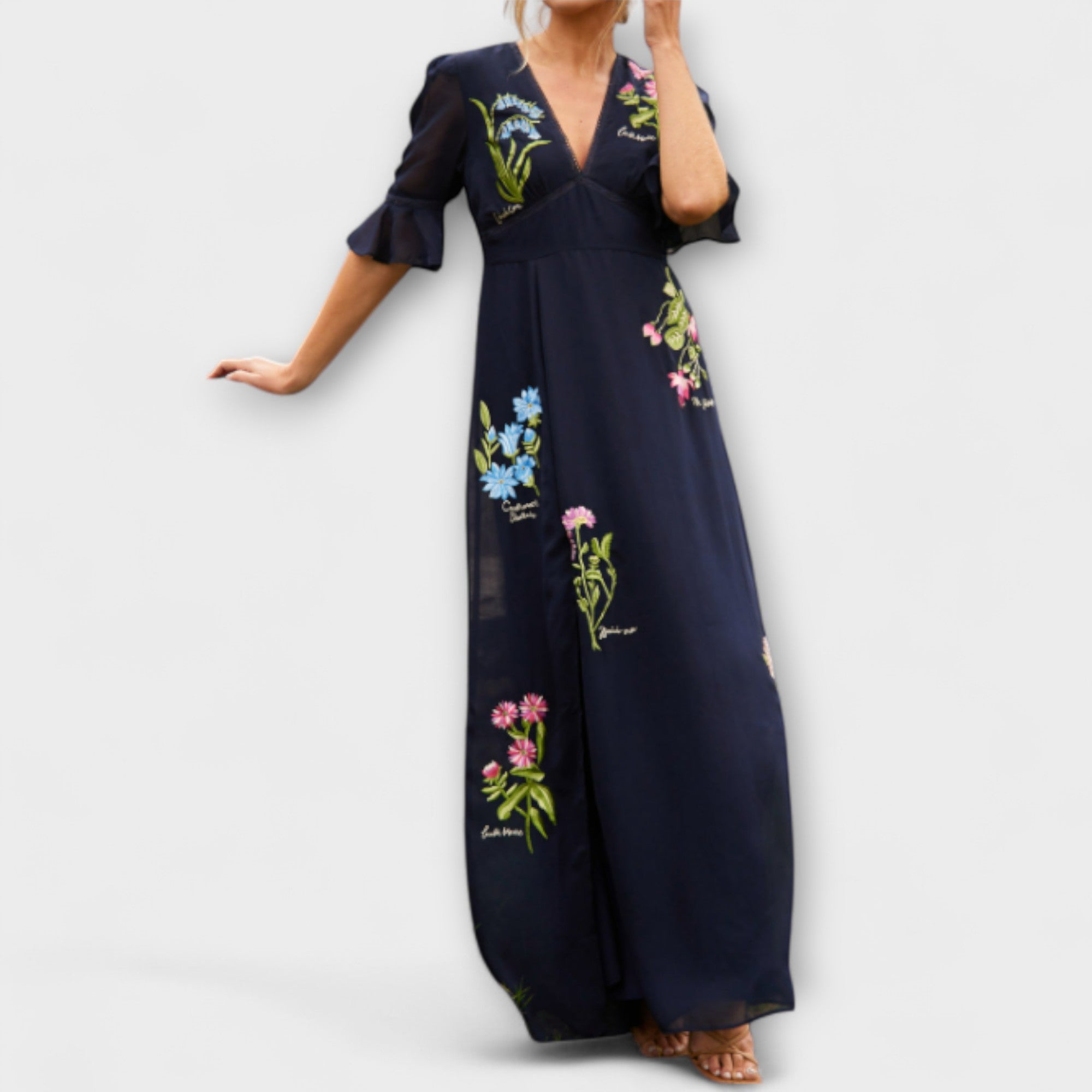 Women’s Maxi Dress, Navy Blue, Short Sleeve, V-Neck, A-Line, Floral Embroidery, Elastane Viscose Blend