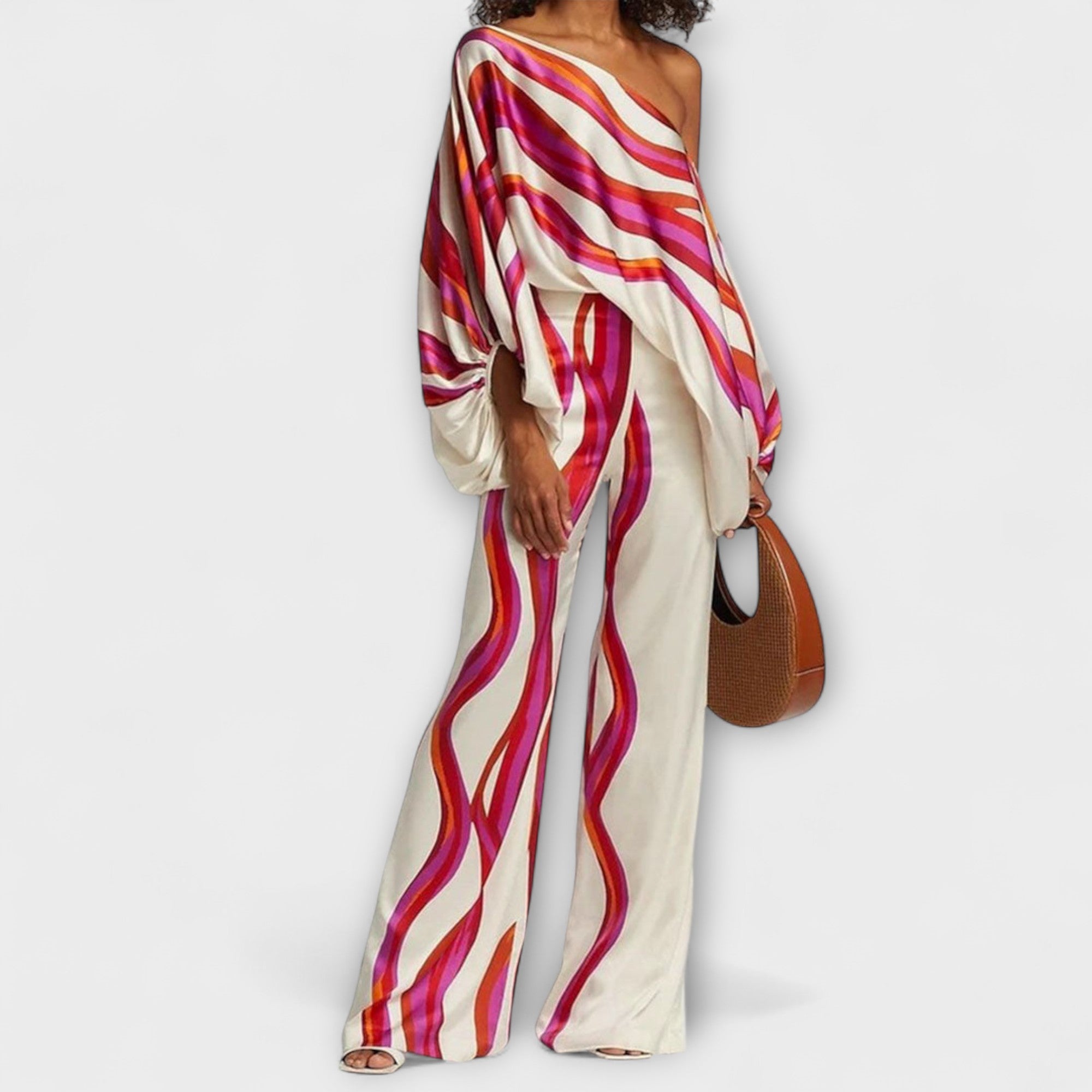 Women’s Two-Piece Set, Printed, Strapless Lantern Sleeves Top, Wide-Leg Trousers