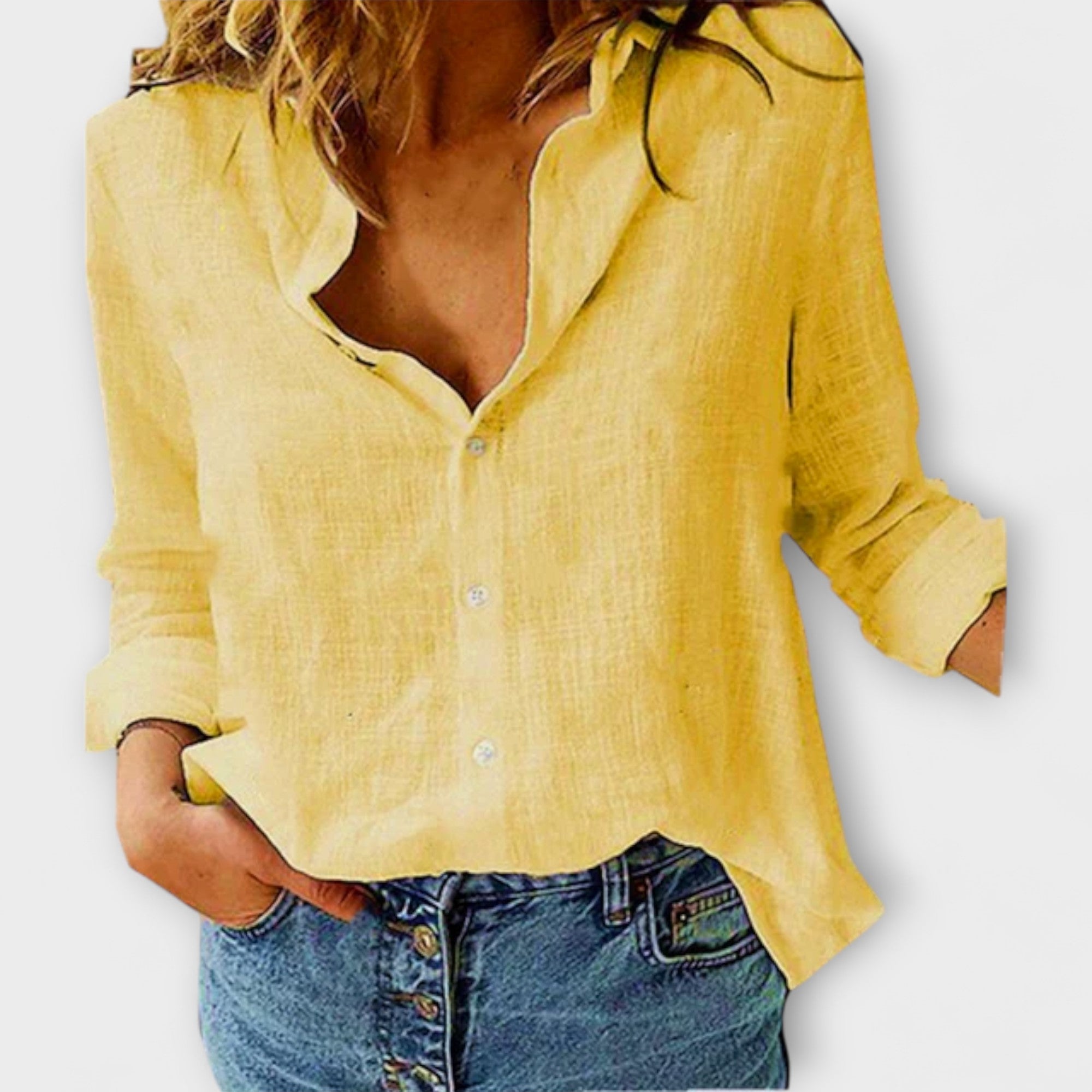 Women’s Blouse, Cotton Linen Blend, Long Sleeve, Refined Collar, Slightly Small Fit