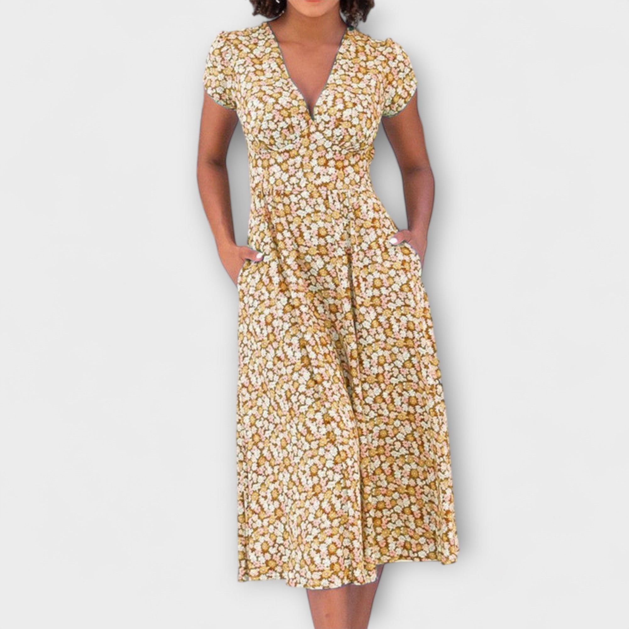 Women’s Midi Dress Sleeveless V-Neck Ruffled Button Front with Pockets, Versatile Fit