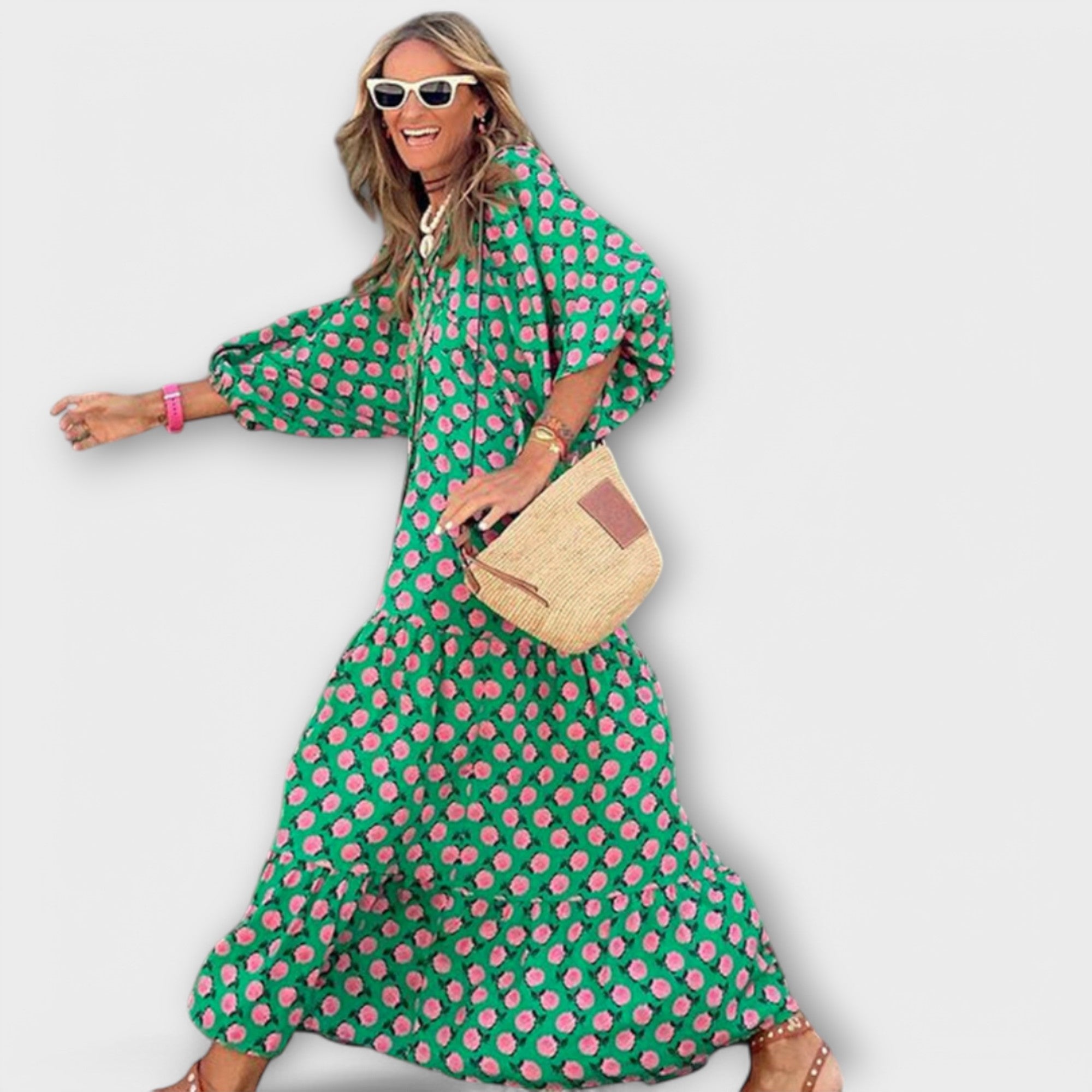 Women’s Maxi Dress, Geometric Print, Lightweight Fabric, V-Neck, Three-Quarter Sleeve, Relaxed Fit