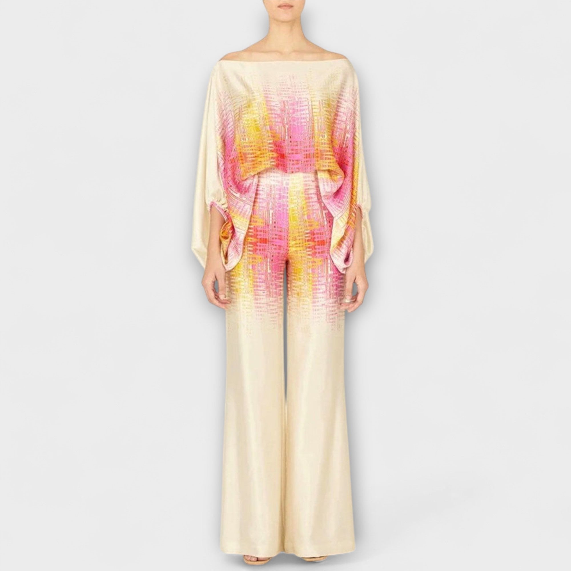 Women’s Two-Piece Set, Printed, Strapless Lantern Sleeves Top, Wide-Leg Trousers