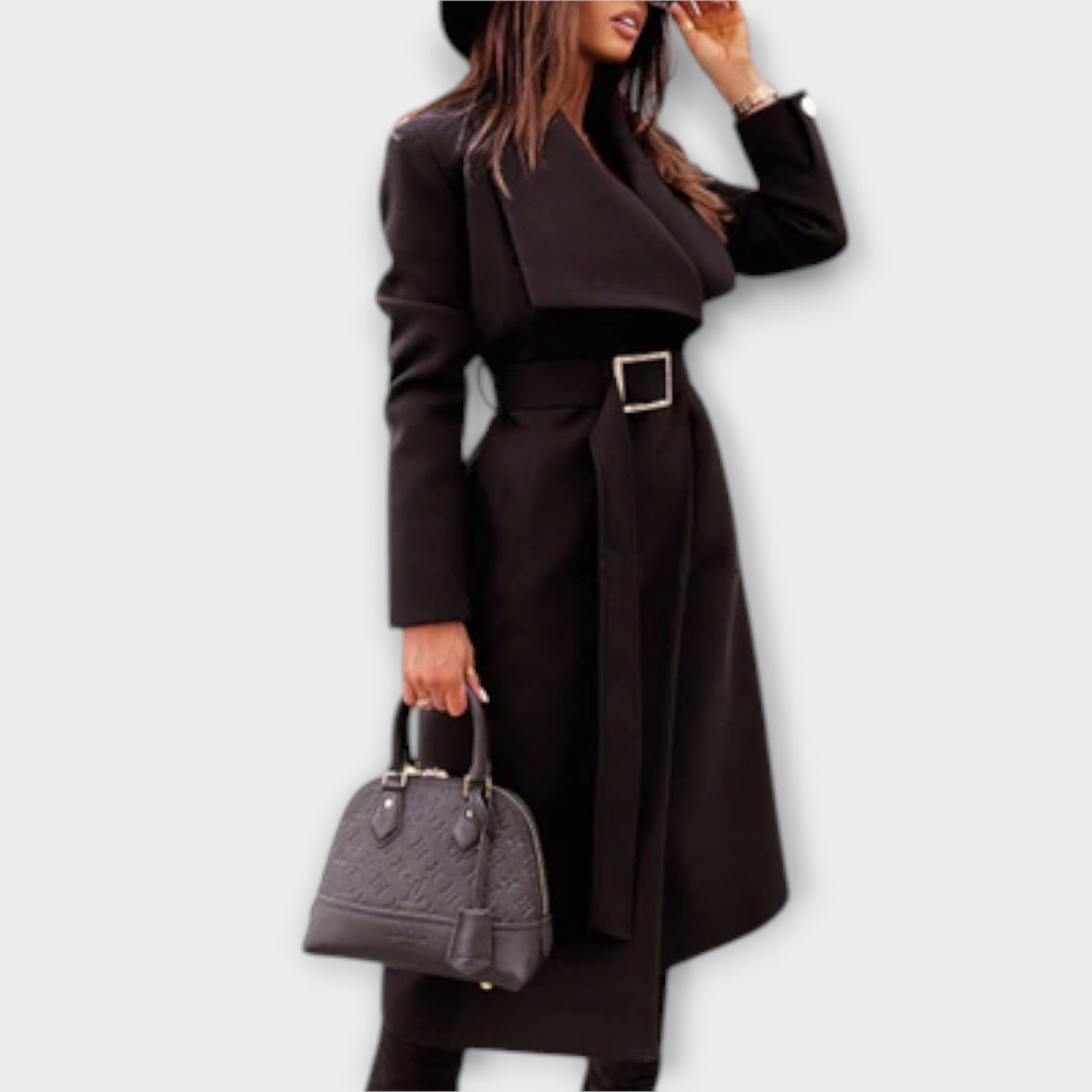 Women’s Long Coat, Tailored Fit, Soft Warm Fabric, Adjustable Belt, Classic Style