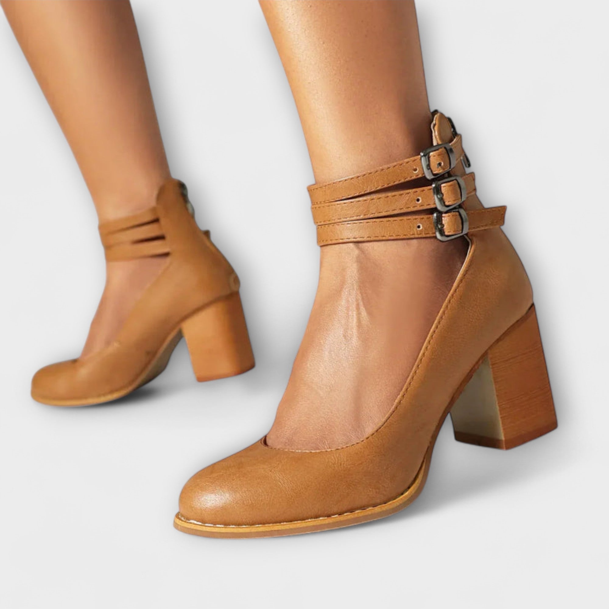 Women’s Court Shoes, Genuine Leather, Medium Block Heel, Triple Ankle Straps, Regular Fit