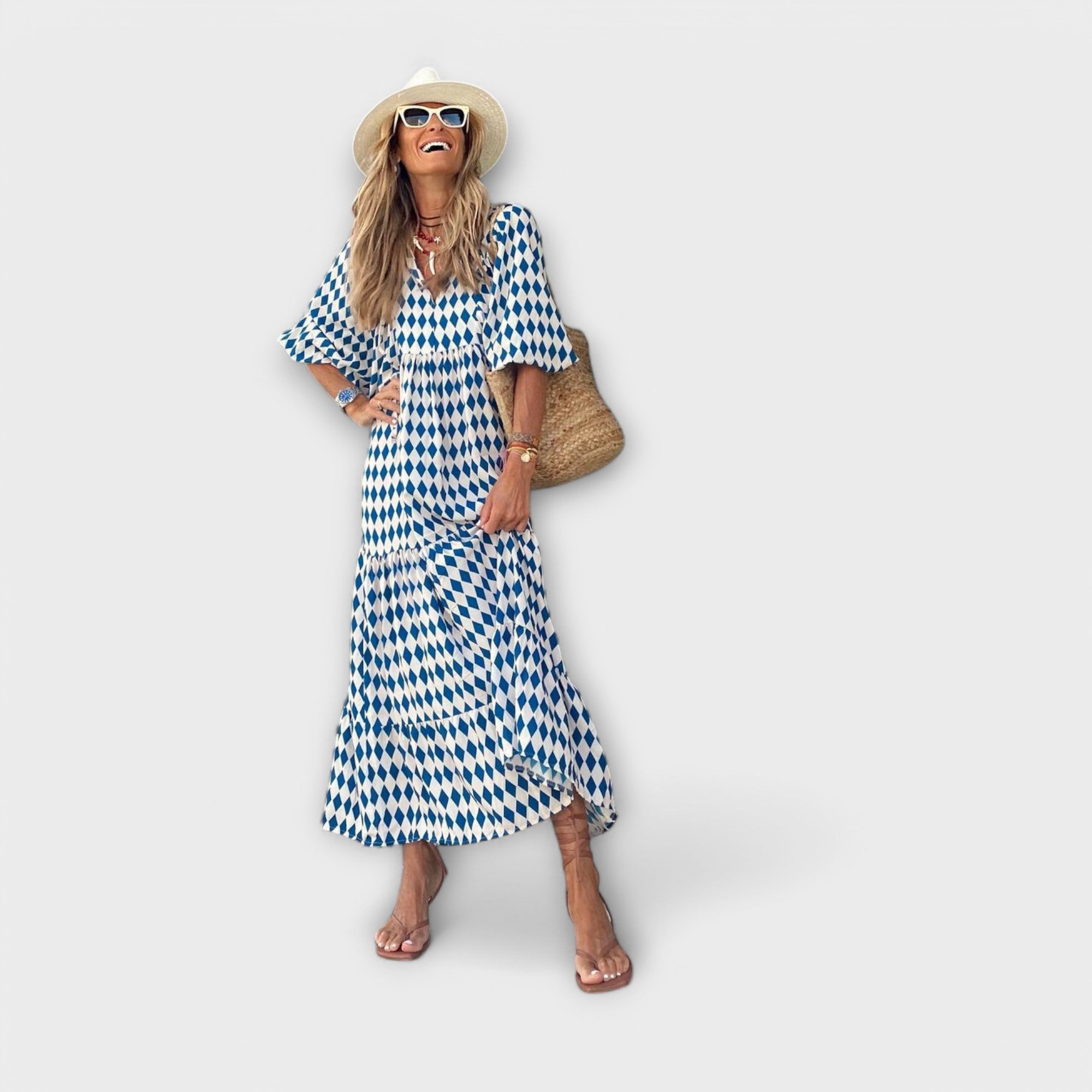 Women’s Maxi Dress, Geometric Print, Lightweight Fabric, V-Neck, Three-Quarter Sleeve, Relaxed Fit