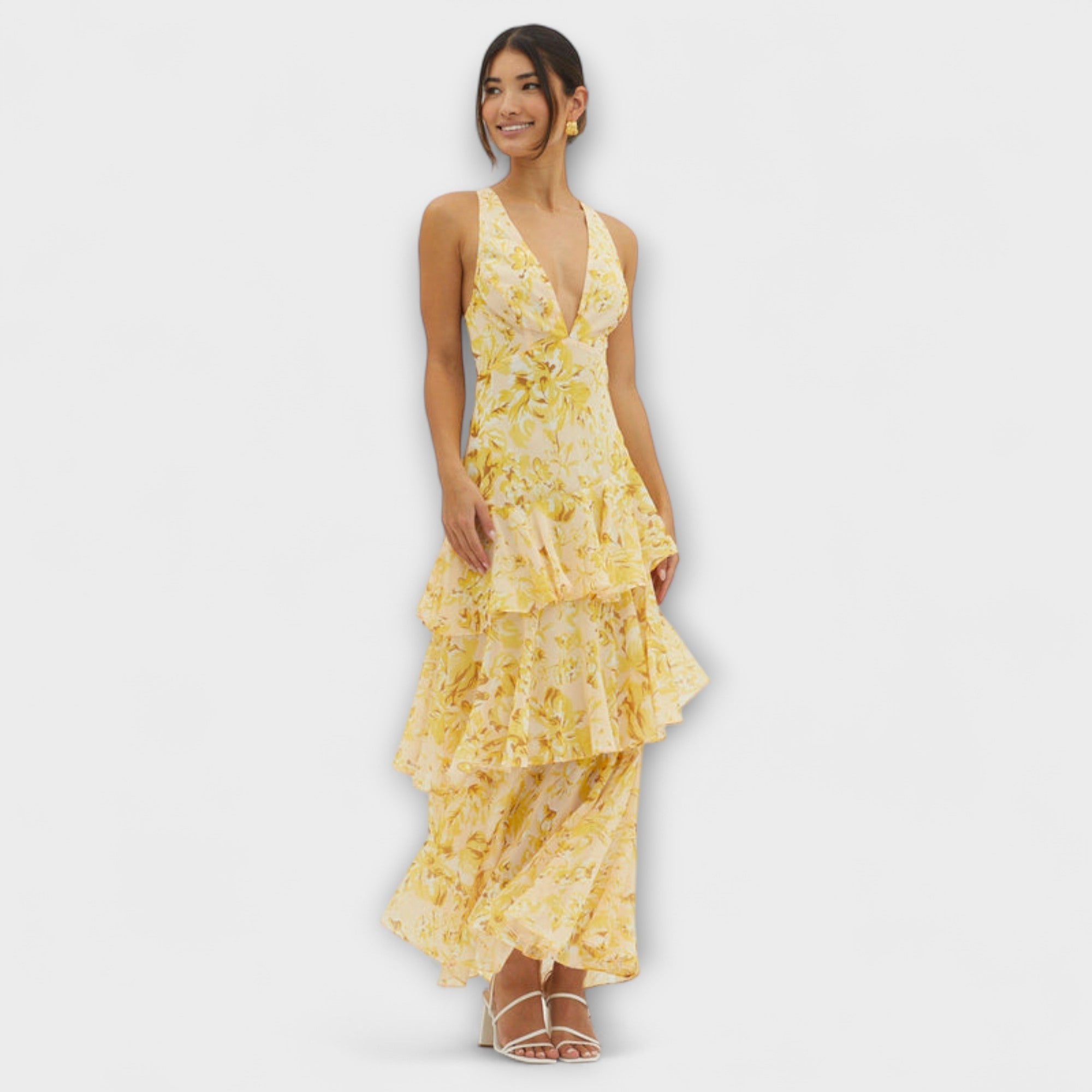 Women’s Midi Dress Sleeveless Lightweight Lined Fabric Adjustable Open Back with Ruffle Hem