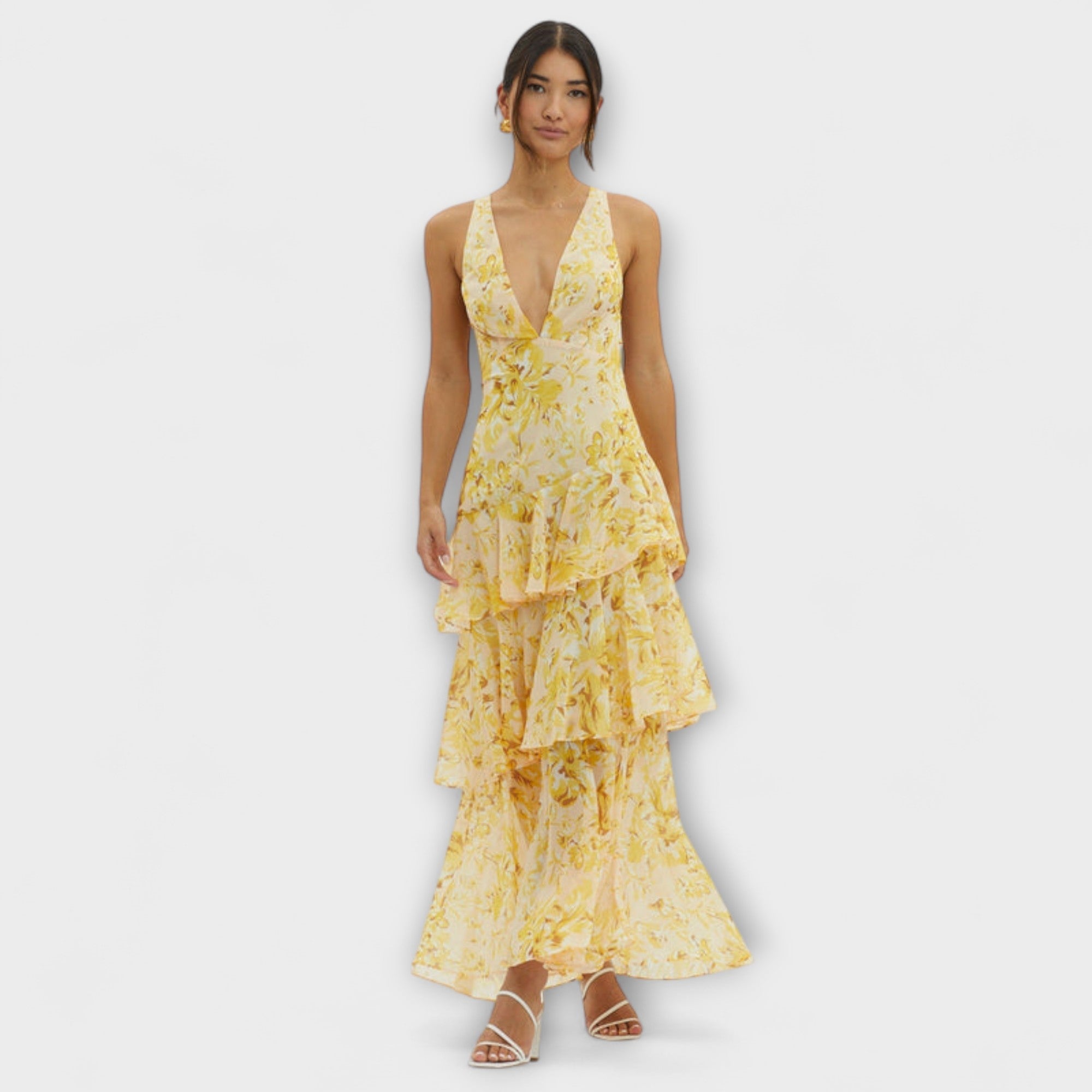 Women’s Midi Dress Sleeveless Lightweight Lined Fabric Adjustable Open Back with Ruffle Hem