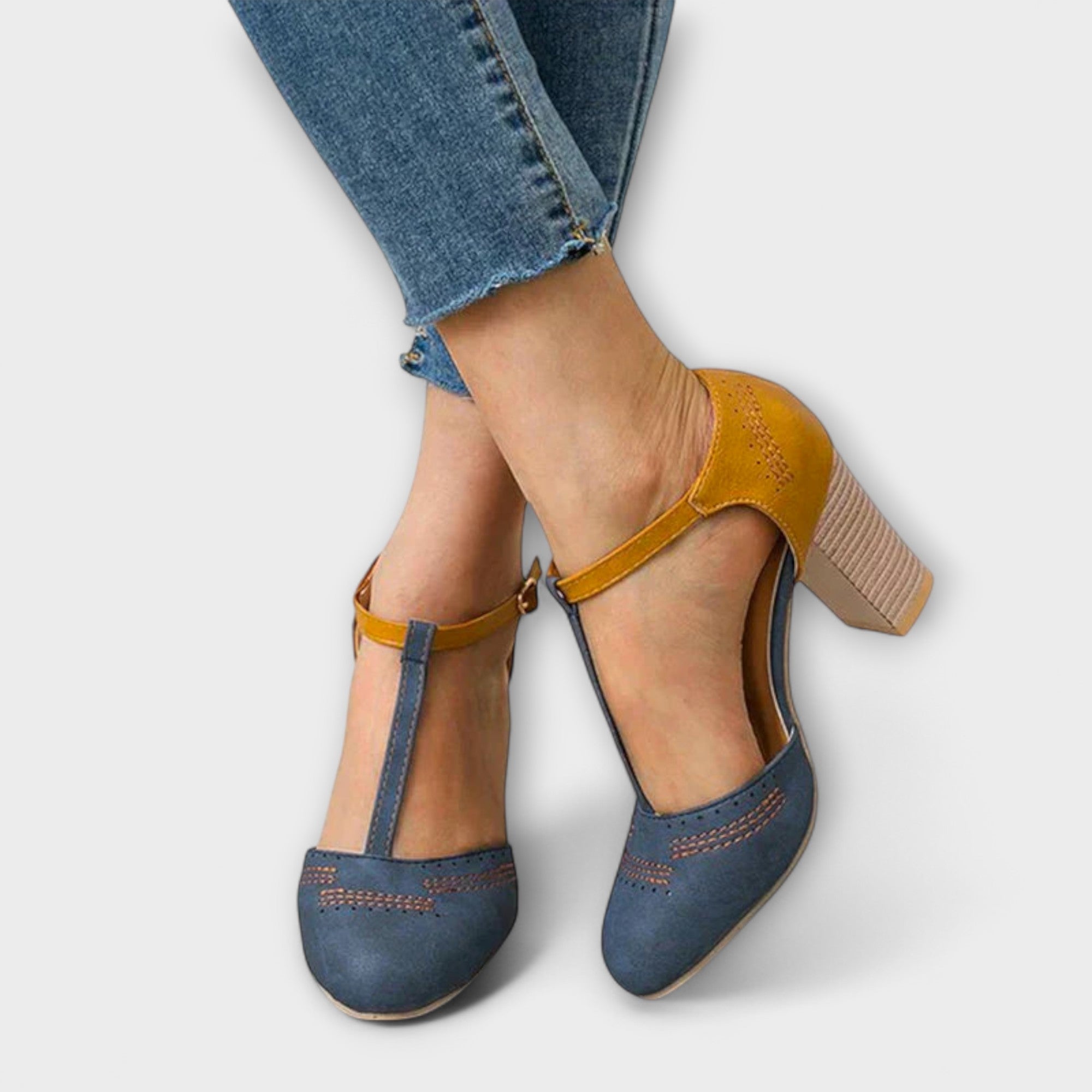 Women’s Genuine Leather Heels , Mid Heel, Memory Foam Insole, Adjustable Ankle Strap, Rubber Outsole