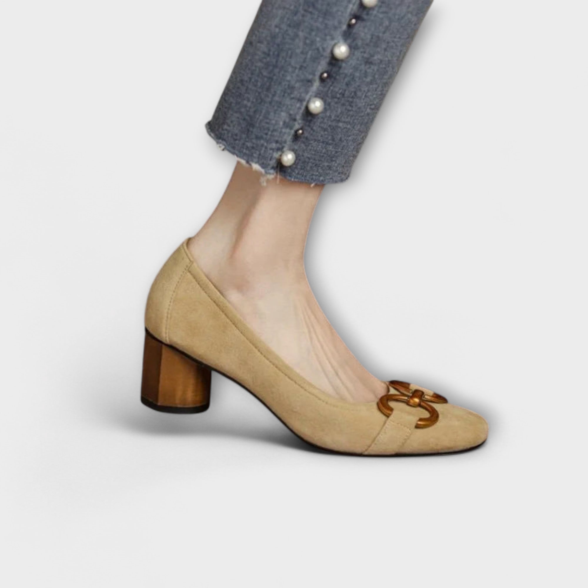 Women’s Leather Heels, Embroidered, Cushioned Insole, Adjustable Ankle Buckle, Closed Heel Design